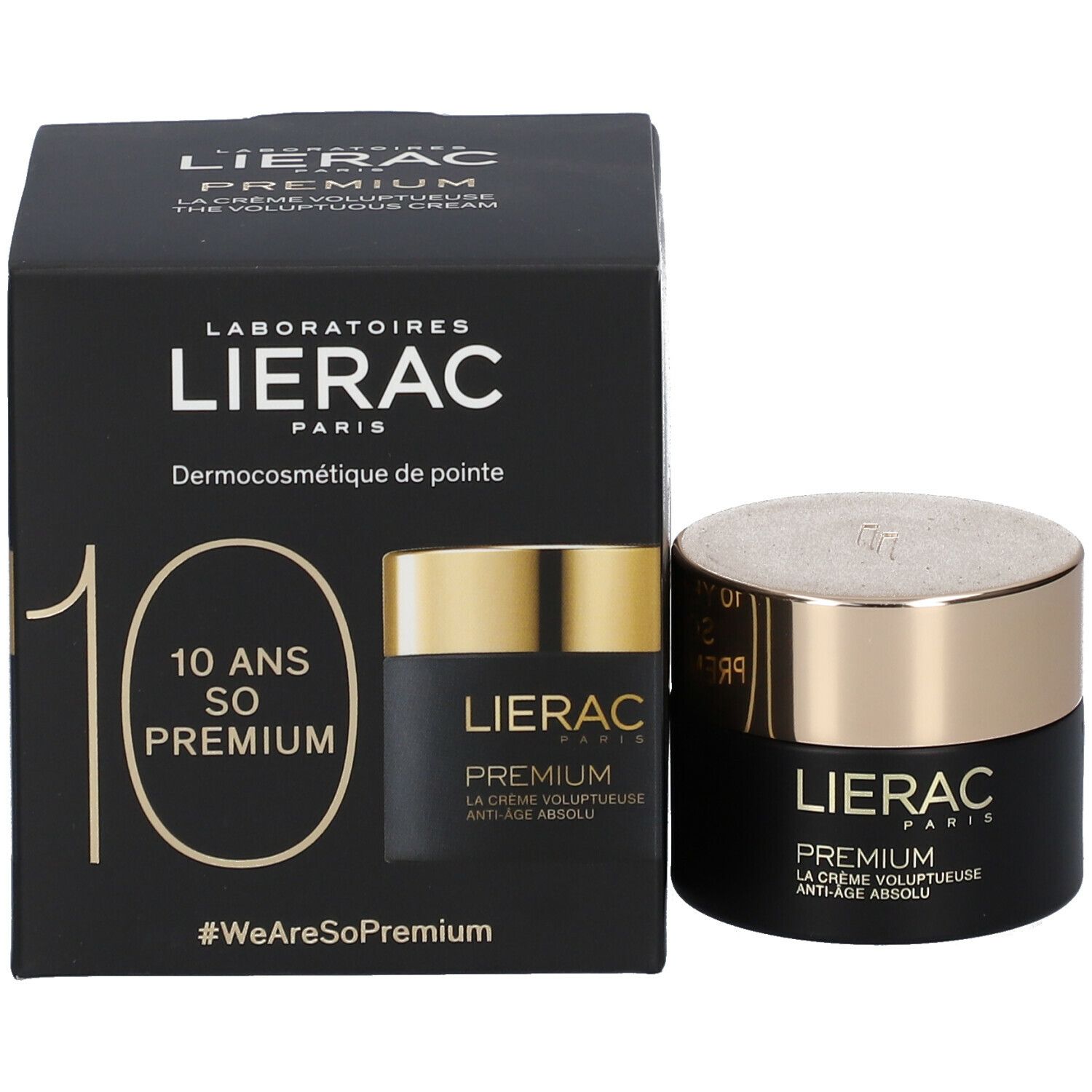 Boîte et pot noirs. Inscription LIERAC PARIS, PREMIUM, LA CRÈME VOLUPTUEUSE ANTI-ÂGE ABSOLU. 10 ANS SO PREMIUM.