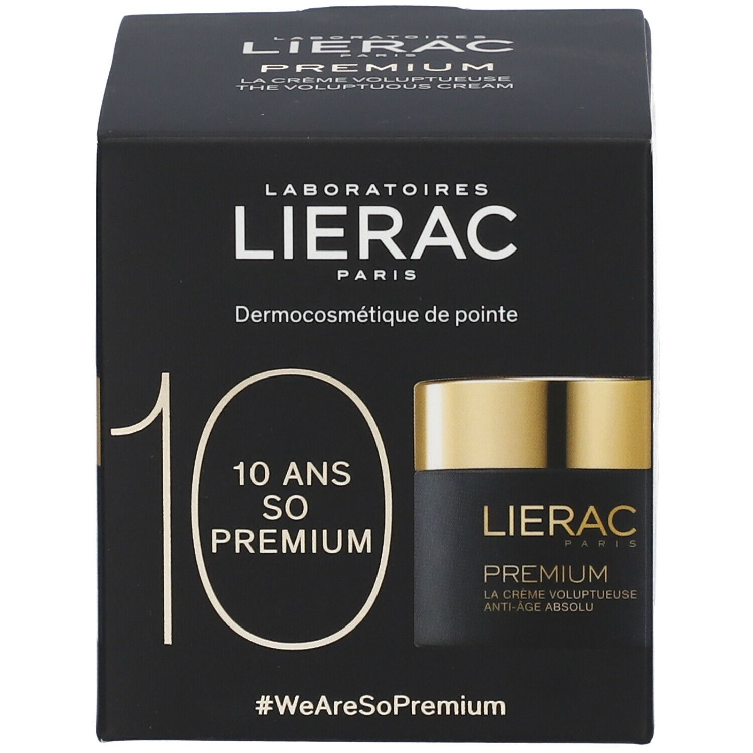 Boîte noire. Inscription LIERAC PARIS, PREMIUM, LA CRÈME VOLUPTUEUSE ANTI-ÂGE ABSOLU. 10 ANS SO PREMIUM.