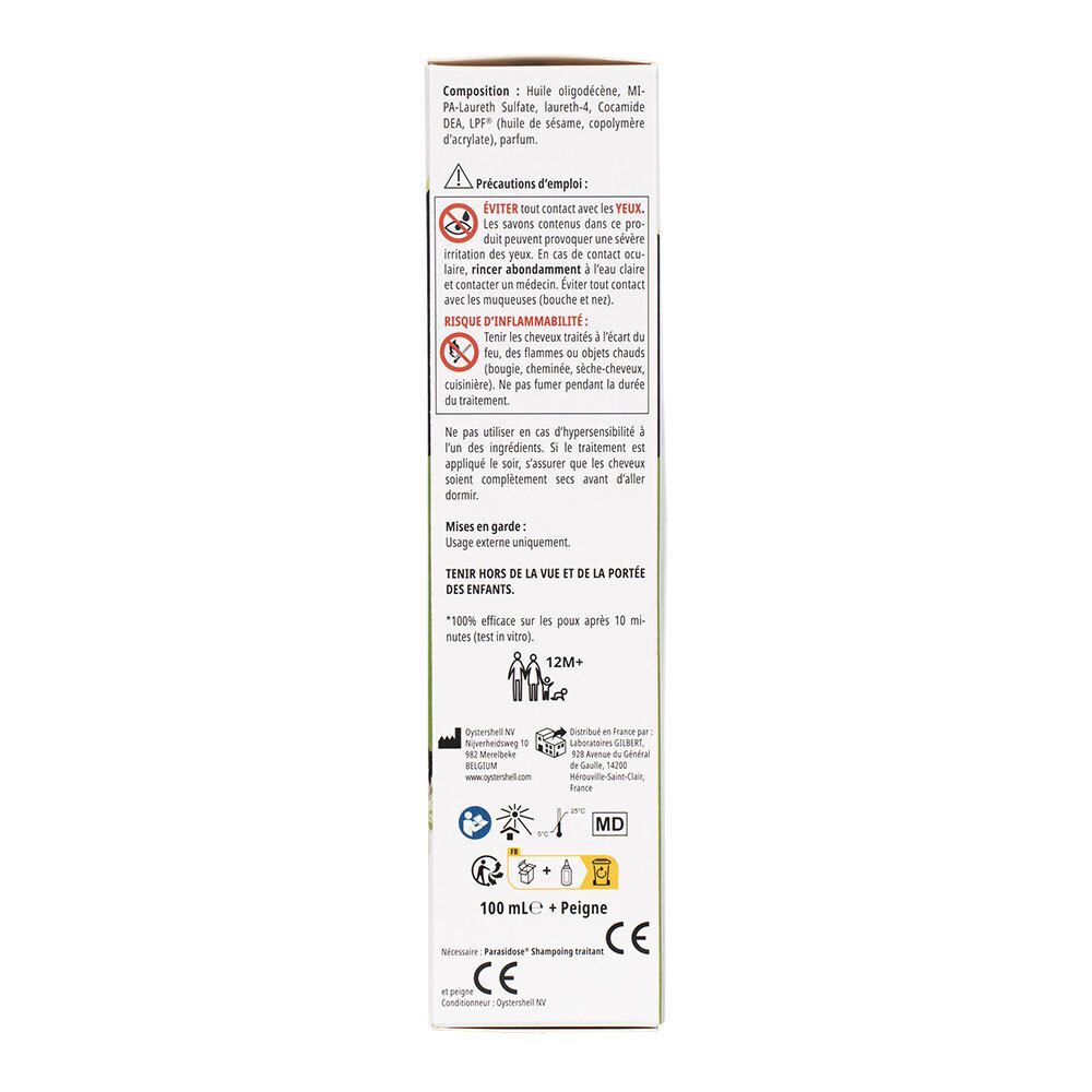 Dos de la boîte avec informations produit. Contient ingrédients, précautions et mode d'emploi.