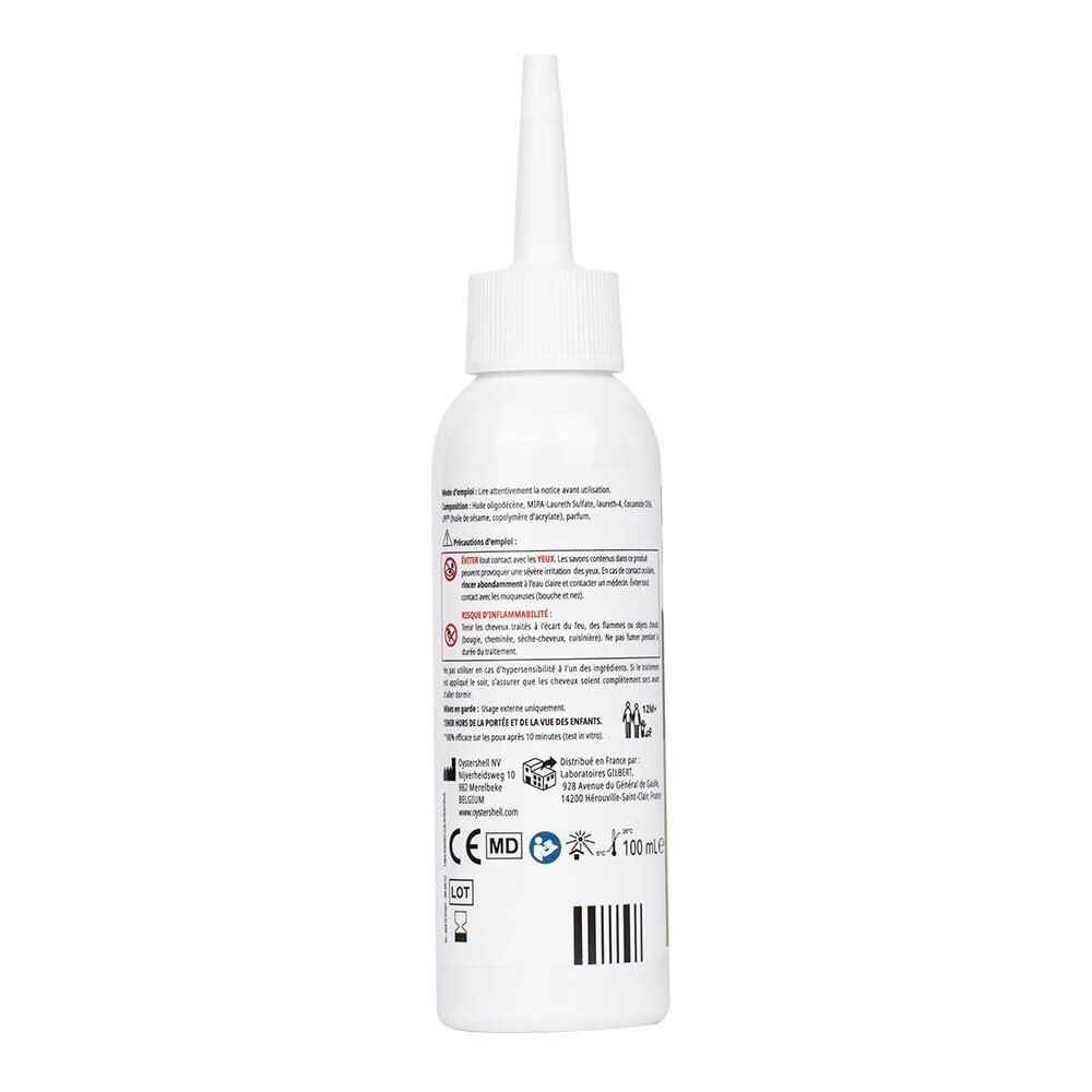 Flacon blanc avec applicateur pointu. Contient informations produit et avertissements.
