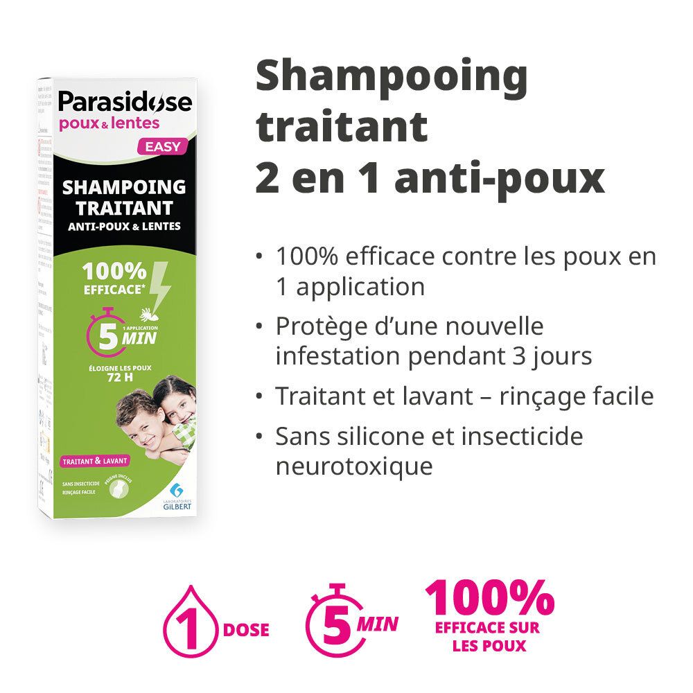 Informations produit : shampooing anti-poux et lentes. 2 en 1. 100% efficace en 1 application.