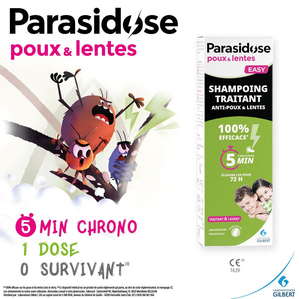 Visuel publicitaire avec produit et personnages de dessins animés. Shampooing anti-poux et lentes. 100% efficace.