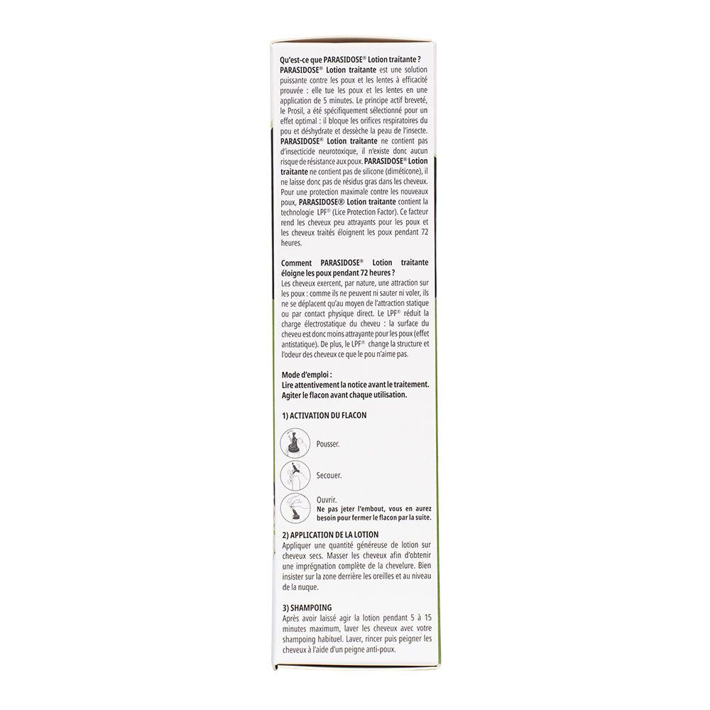 Dos de la boîte. Texte et illustrations sur l'utilisation de Parasidose Lotion traitante.