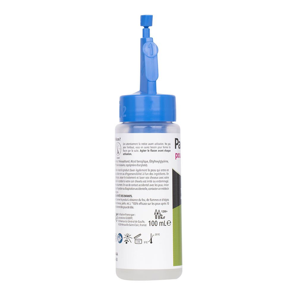 Flacon transparent avec applicateur bleu. Texte: Parasidose, 100 ml. Verso avec texte et symboles.