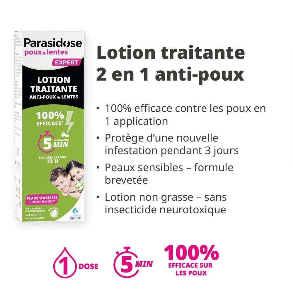 Texte sur fond blanc. Texte: Parasidose, Lotion traitante 2 en 1 anti-poux. 100% efficace.