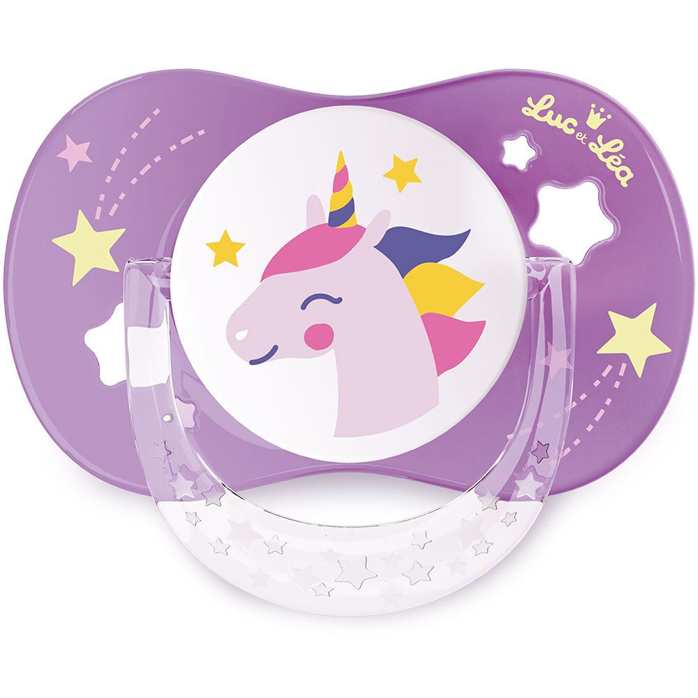 Sucette violette avec motif licorne et anneau. Marque Luc et Léa. Forme anatomique.