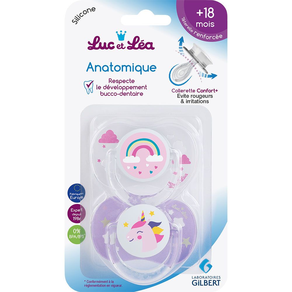 Emballage de deux sucettes. Motifs licorne et arc-en-ciel. Marque Luc et Léa. +18 mois.