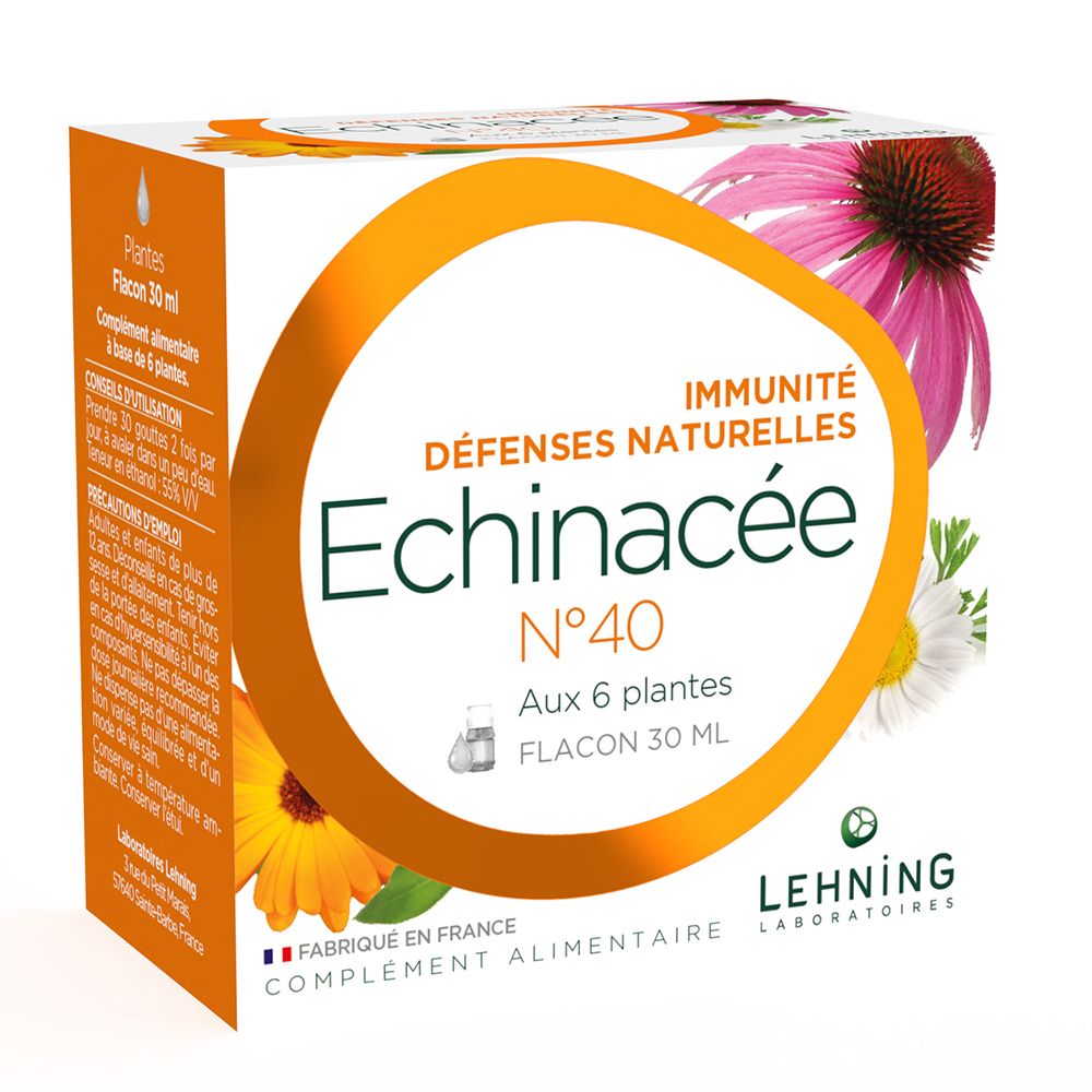 Boîte Echinacée N°40. Cercle orange avec texte et fleurs. Logo LEHNING en bas à droite.