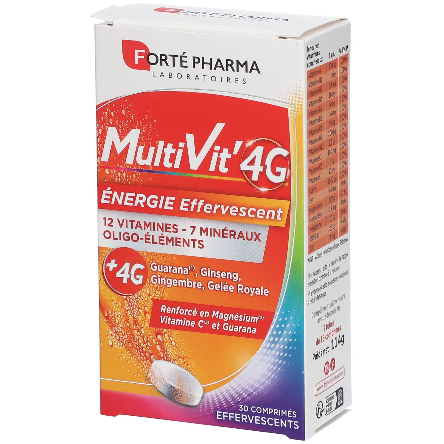 Boîte de MultiVit'4G Energie Effervescent. Contient 30 comprimés effervescents. Marque: Forté Pharma.
