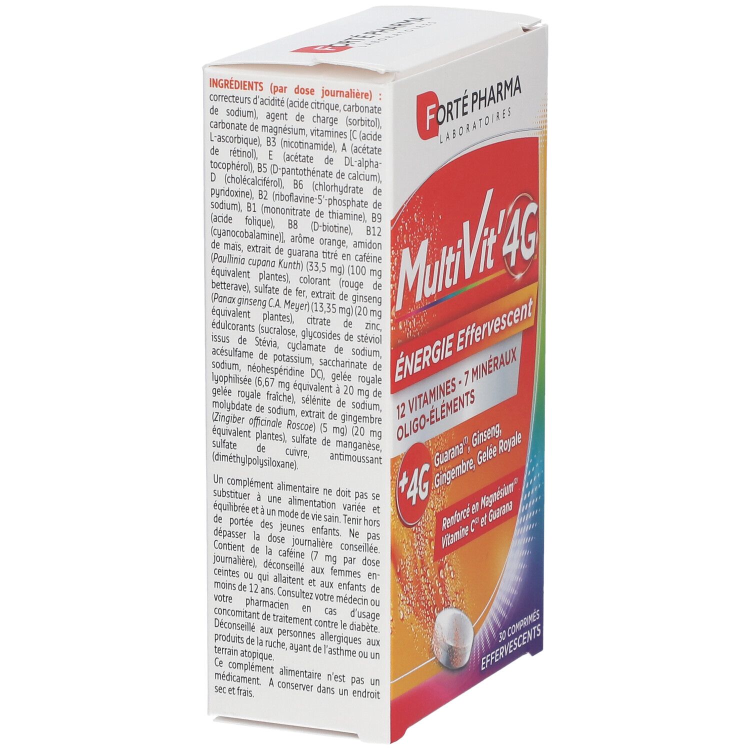 Boîte de MultiVit'4G Energie Effervescent. Liste des ingrédients et marque Forté Pharma.