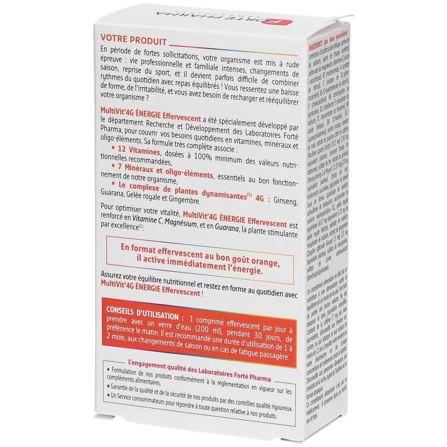 Dos de la boîte de MultiVit'4G Energie Effervescent. Texte sur le produit et son utilisation.