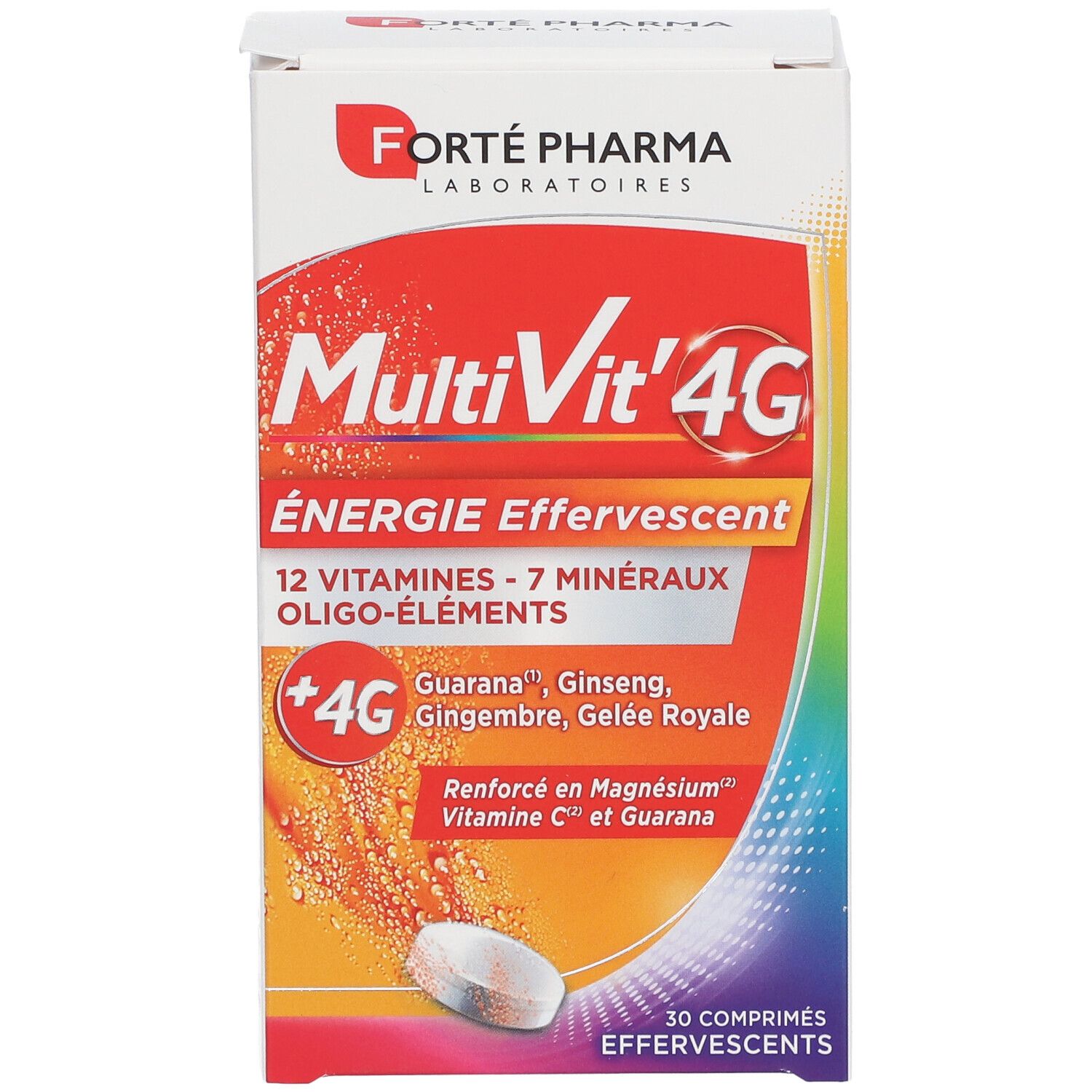 Boîte de MultiVit'4G Energie Effervescent. Contient 30 comprimés effervescents. Marque: Forté Pharma.