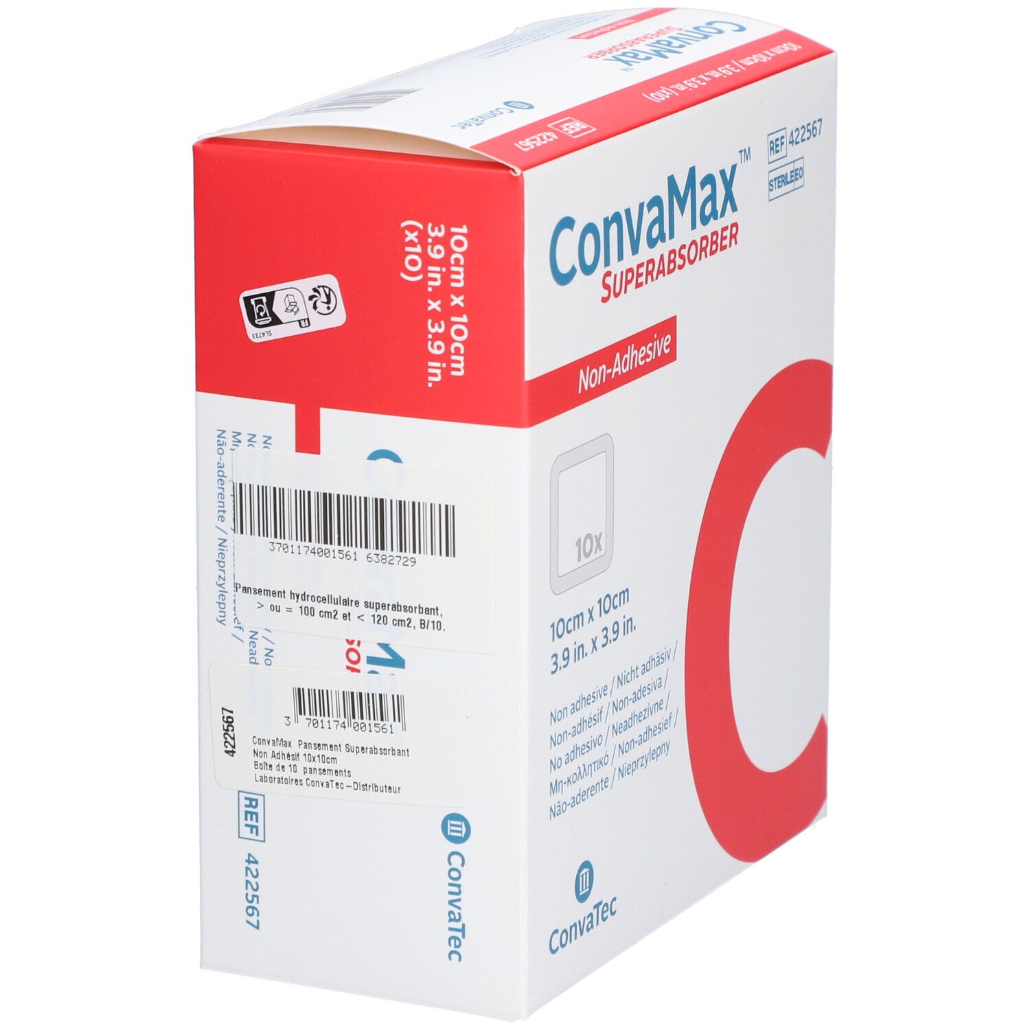 Boîte Convamax Superabsorber, vue latérale. Pansements carrés 10x10 cm. Non-adhésifs. Code-barres et informations produit.