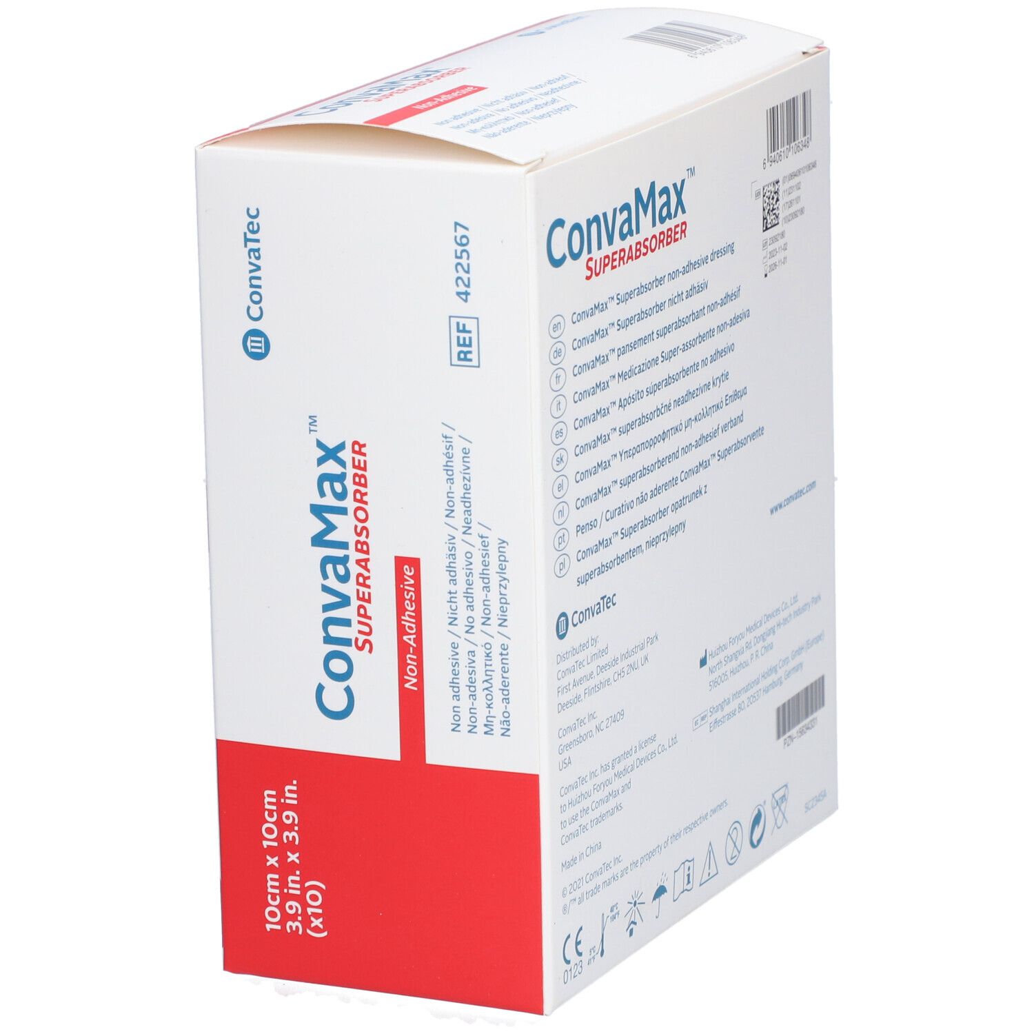 Boîte Convamax Superabsorber, vue latérale. Pansements carrés 10x10 cm. Non-adhésifs. Nom du produit et logo.