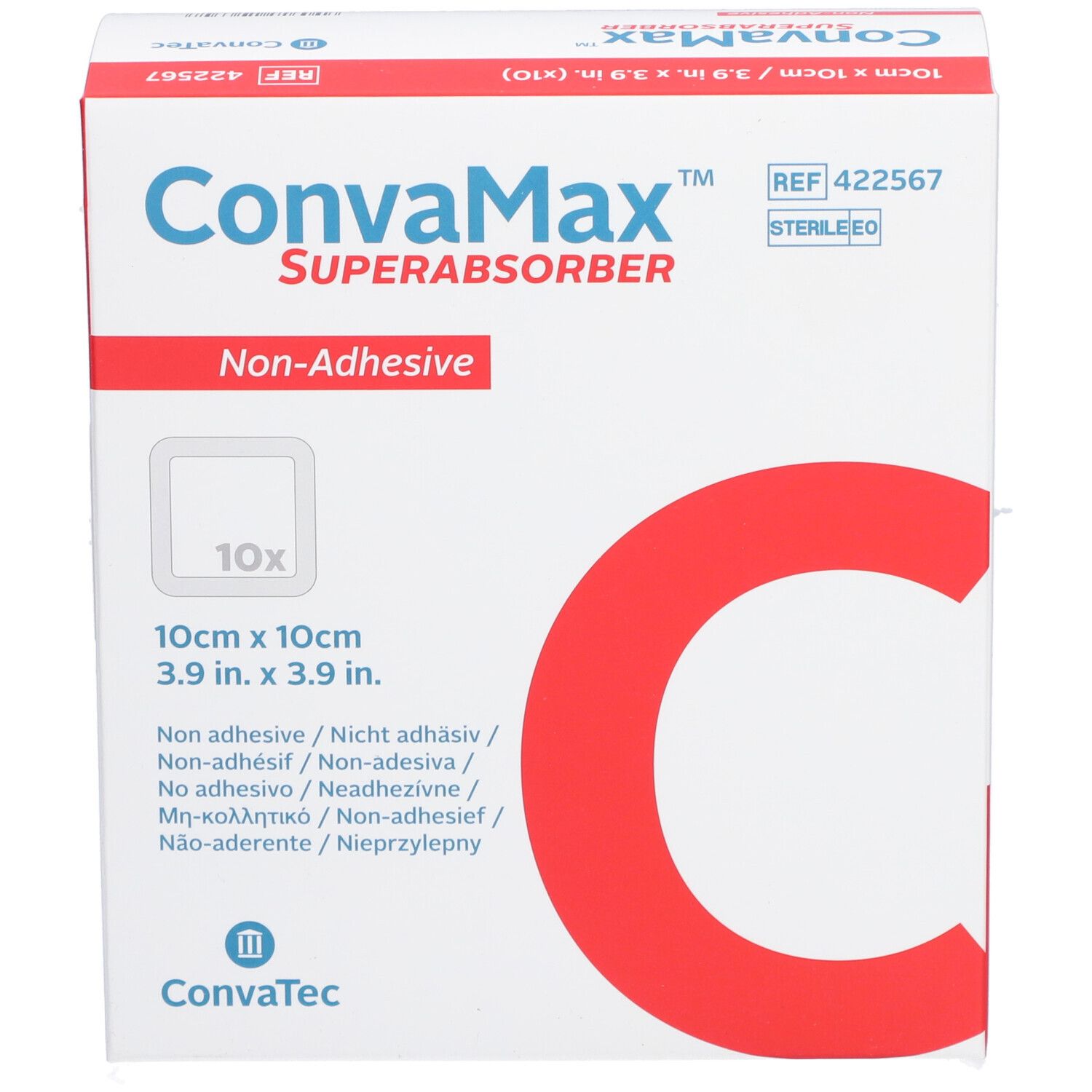Boîte Convamax Superabsorber. Pansements carrés 10 x 10 cm. Non-adhésifs. 'C' rouge sur carton blanc.