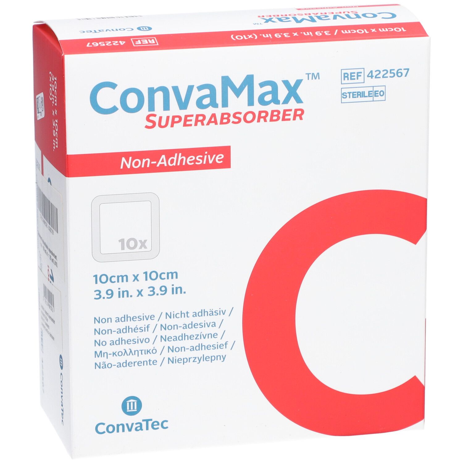 Boîte Convamax Superabsorber. Pansements carrés 10 x 10 cm. Non-adhésifs. 'C' rouge sur carton blanc.