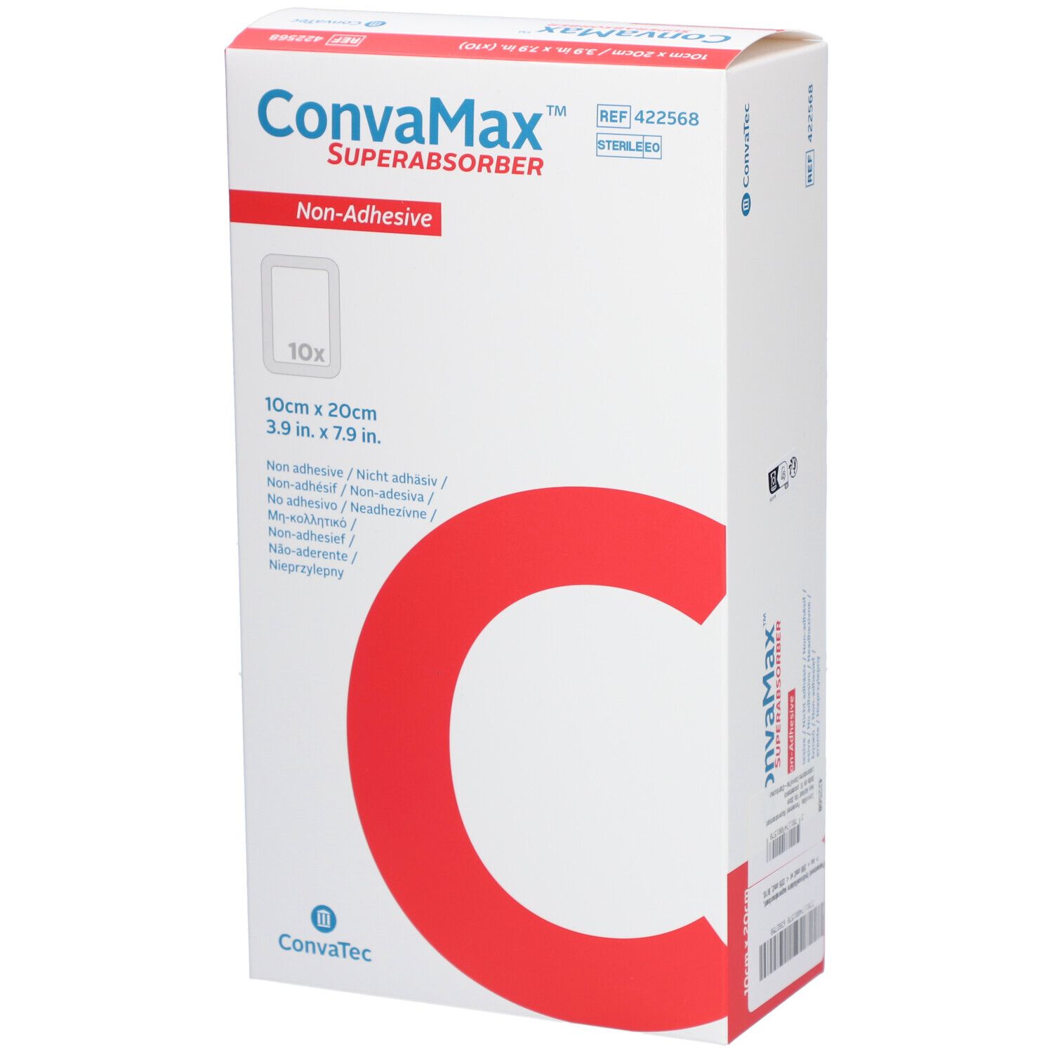 Boîte CONVAMAX Superabsorber non-adhésif 10 x 20 cm. Emballage blanc avec "C" rouge et informations produit.