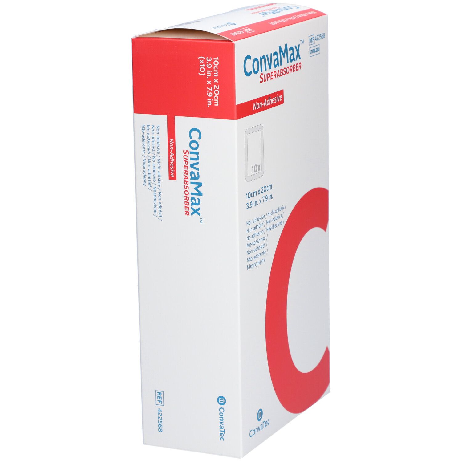 Boîte CONVAMAX Superabsorber non-adhésif. Emballage blanc avec bande rouge et "C". Informations produit.