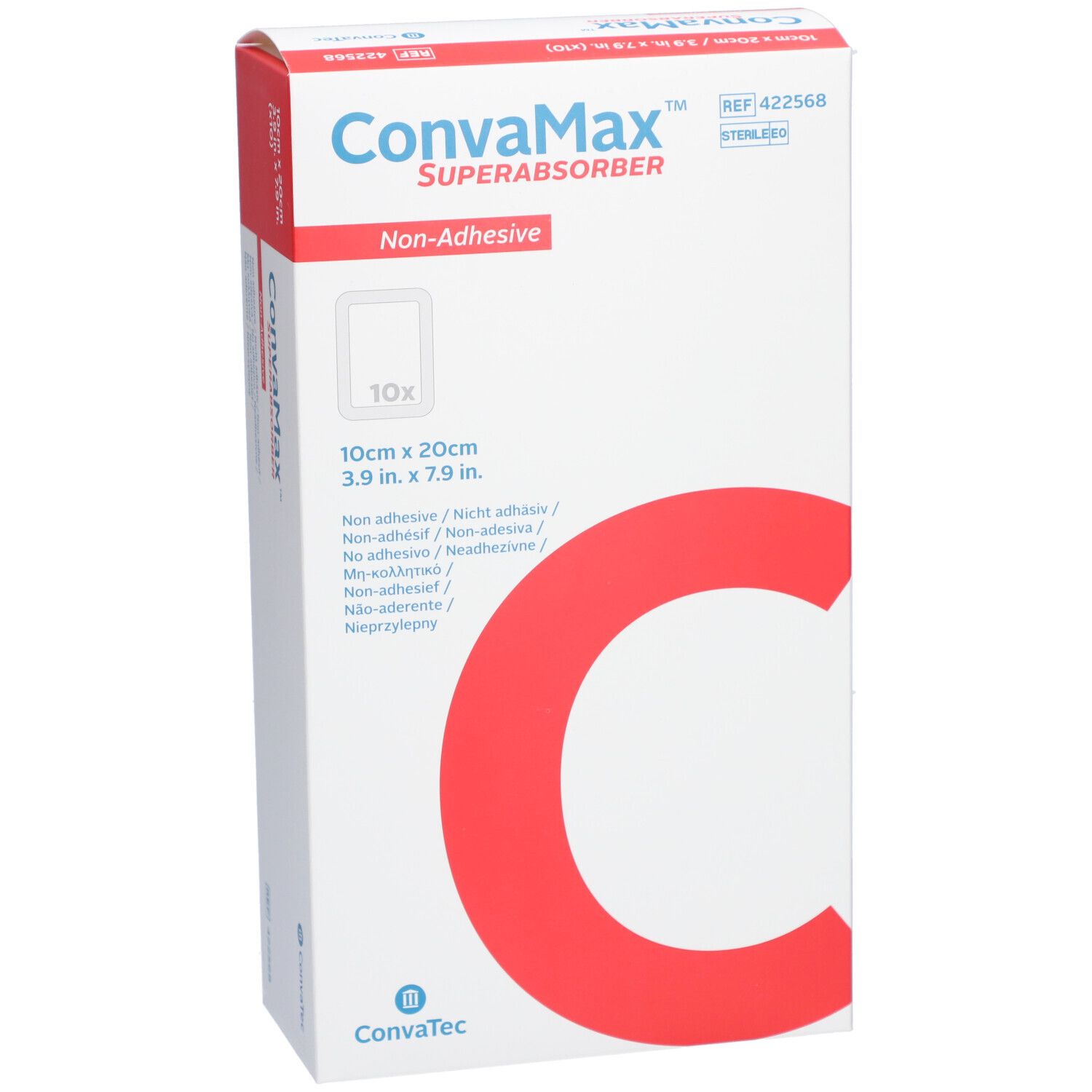 Boîte CONVAMAX Superabsorber non-adhésif 10 x 20 cm. Emballage blanc avec "C" rouge et informations produit.
