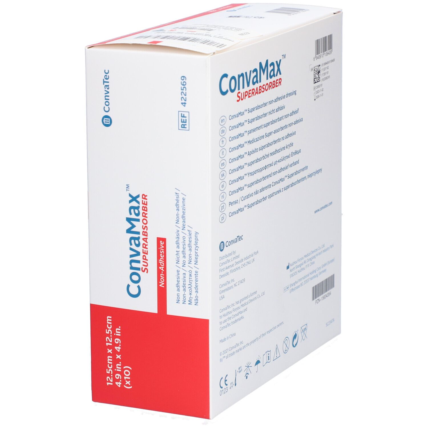 Boîte CONVAMAX Superabsorber non-adhésif. 10 pièces, 12,5 x 12,5 cm. Avec nom du produit et logo.