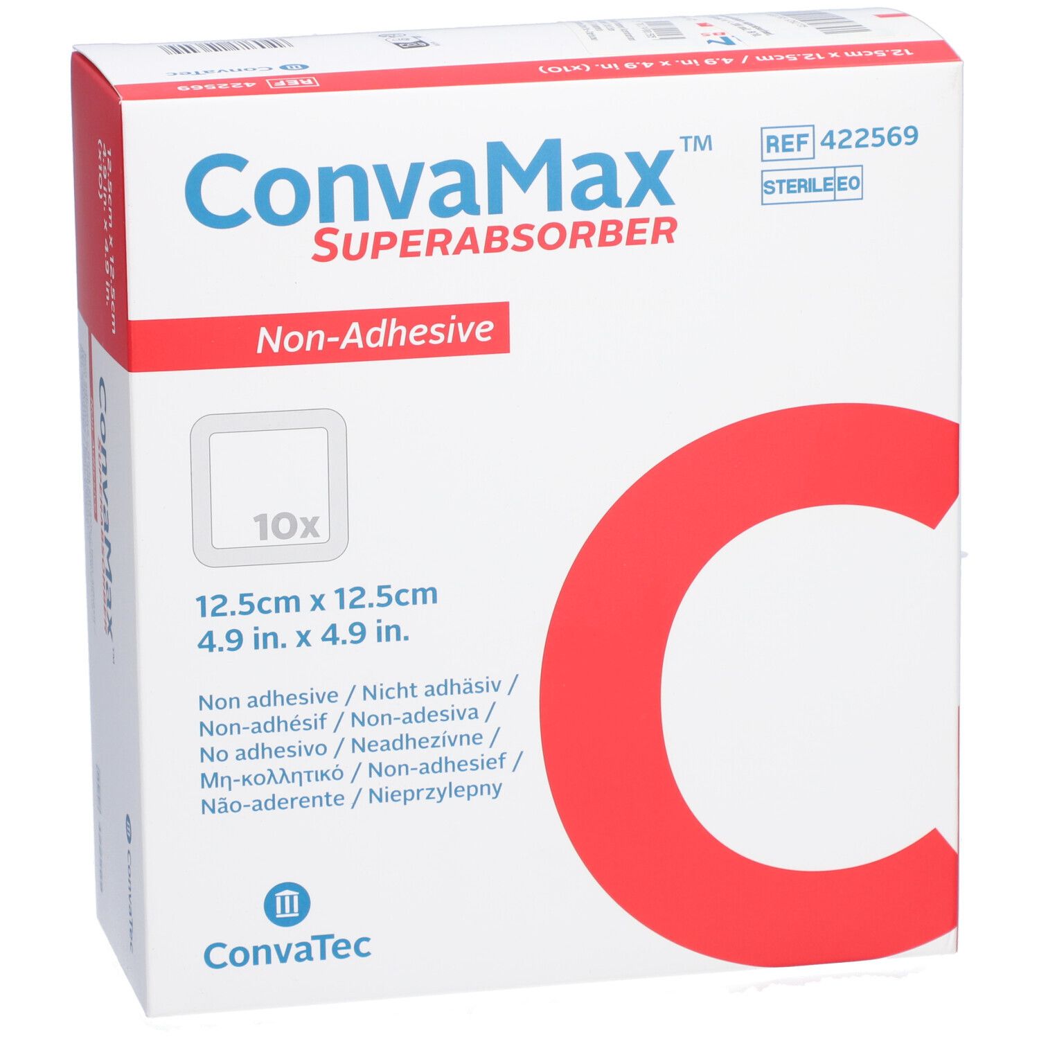 Boîte CONVAMAX Superabsorber non-adhésif. 10 pièces, 12,5 x 12,5 cm. Avec 'C' rouge et nom du produit.