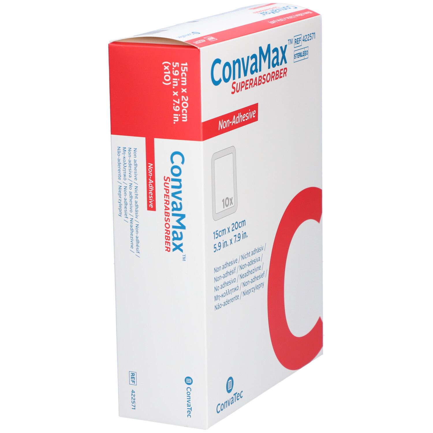 Boîte CONVAMAX Superabsorber, 15x20cm, non-adhésif. Boîte blanche avec "C" rouge et informations produit.