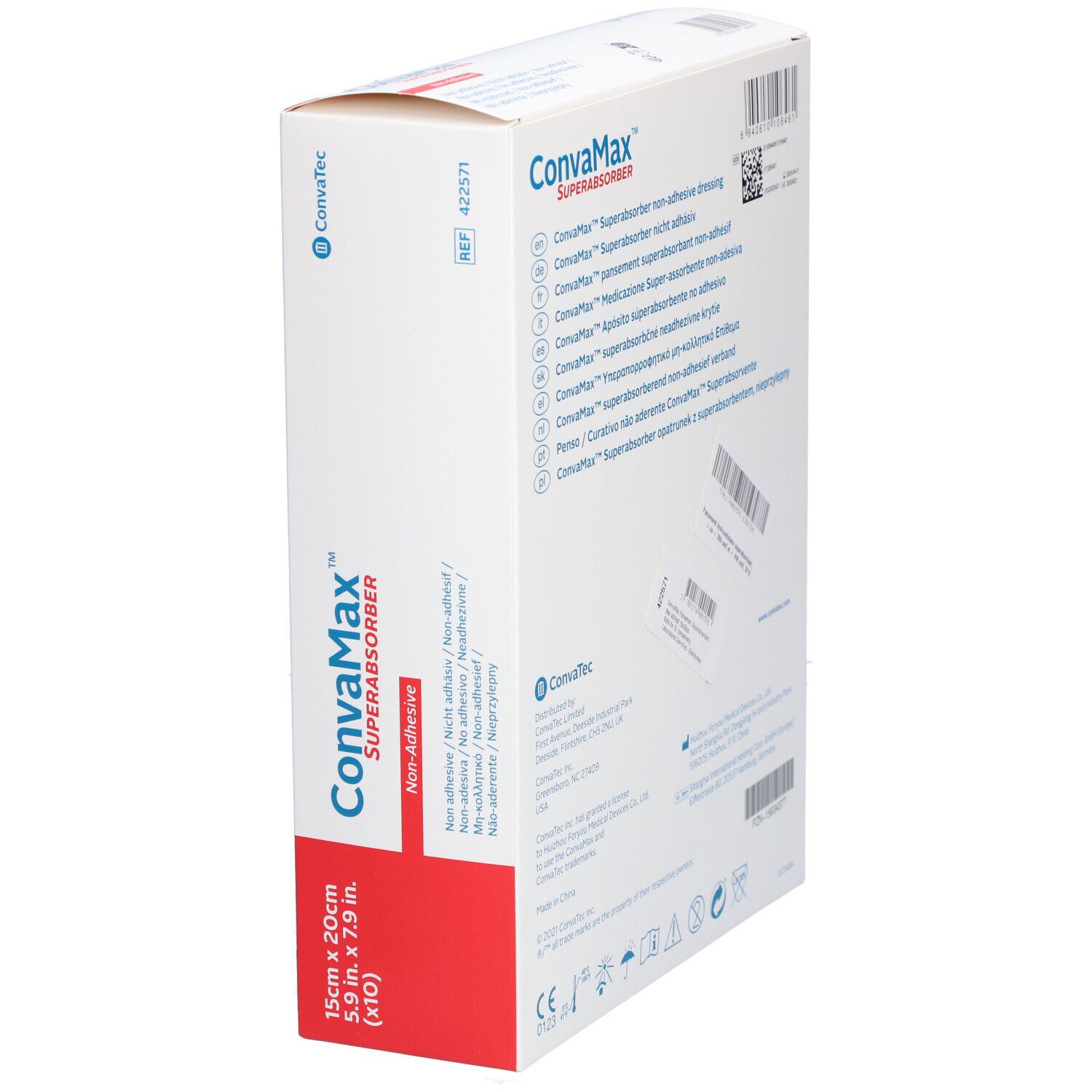 Boîte CONVAMAX Superabsorber, 15x20cm, non-adhésif. Boîte blanche avec "C" rouge et informations produit.