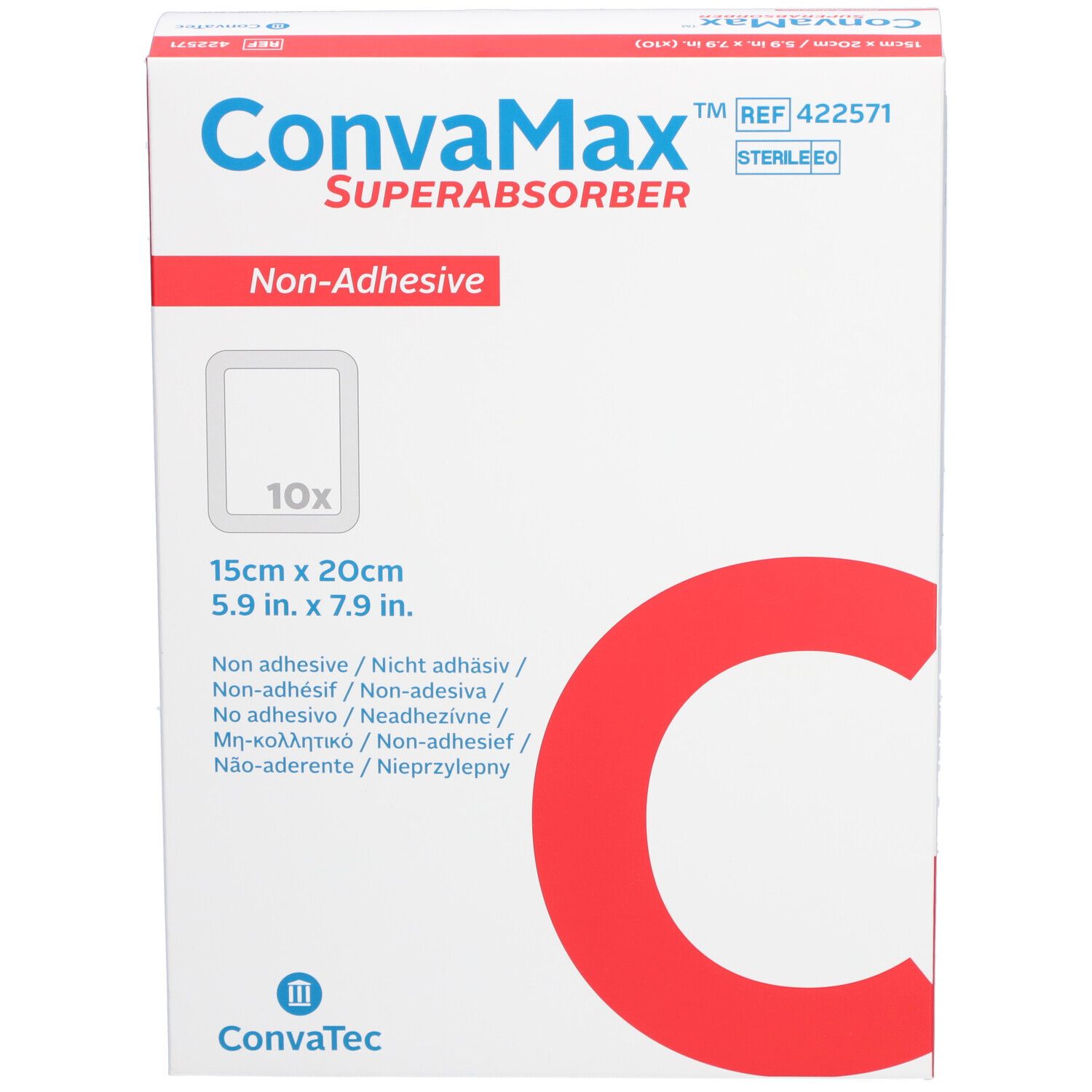 Face avant de la boîte CONVAMAX Superabsorber. Nom du produit, taille 15x20cm, non-adhésif, 10 pièces.