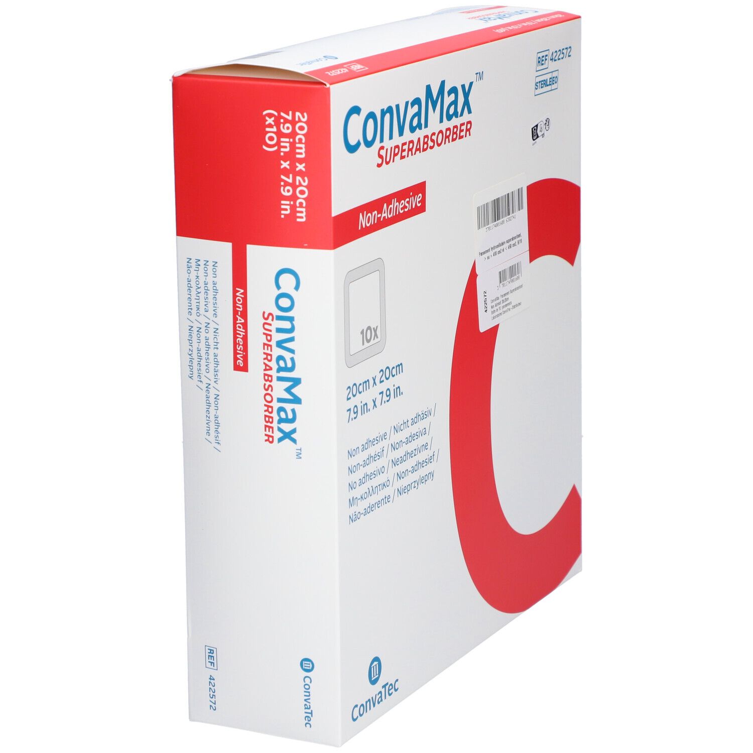 Boîte CONVAMAX Superabsorber non-adhésif. 20x20cm, 10 pièces. Blanc, rouge, bleu. Nom et logo du produit visibles.