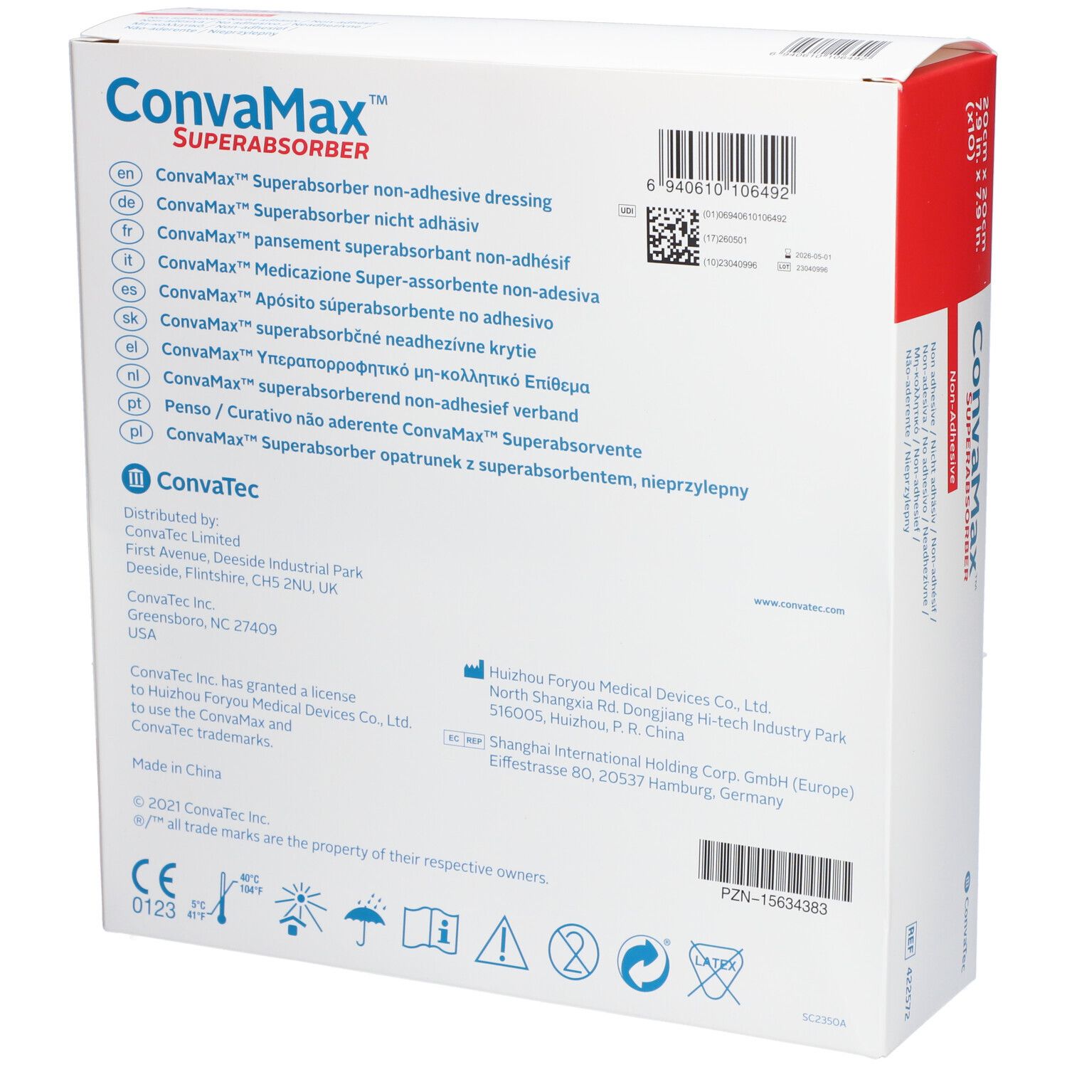 Dos de la boîte CONVAMAX Superabsorber. Informations produit multilingues. Coordonnées du fabricant.