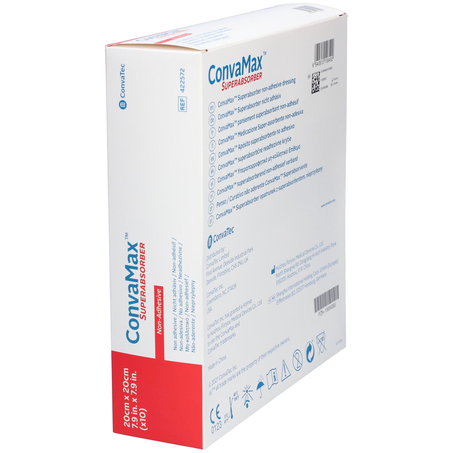 Boîte CONVAMAX Superabsorber non-adhésif. 20x20cm, 10 pièces. Blanc, rouge, bleu. Nom et logo du produit visibles.