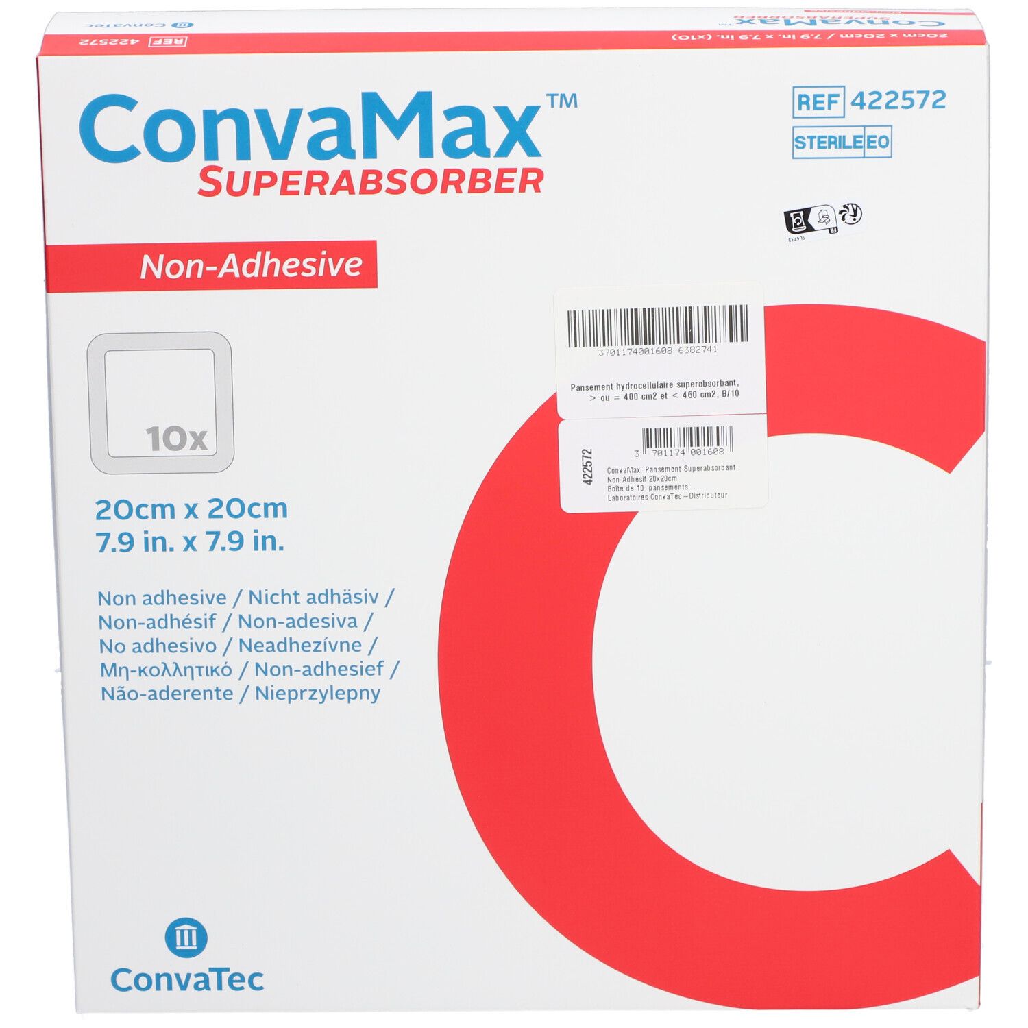 Boîte CONVAMAX Superabsorber non-adhésif, 20x20cm, 10 pièces. Blanc, rouge, bleu. Nom et logo du produit visibles.