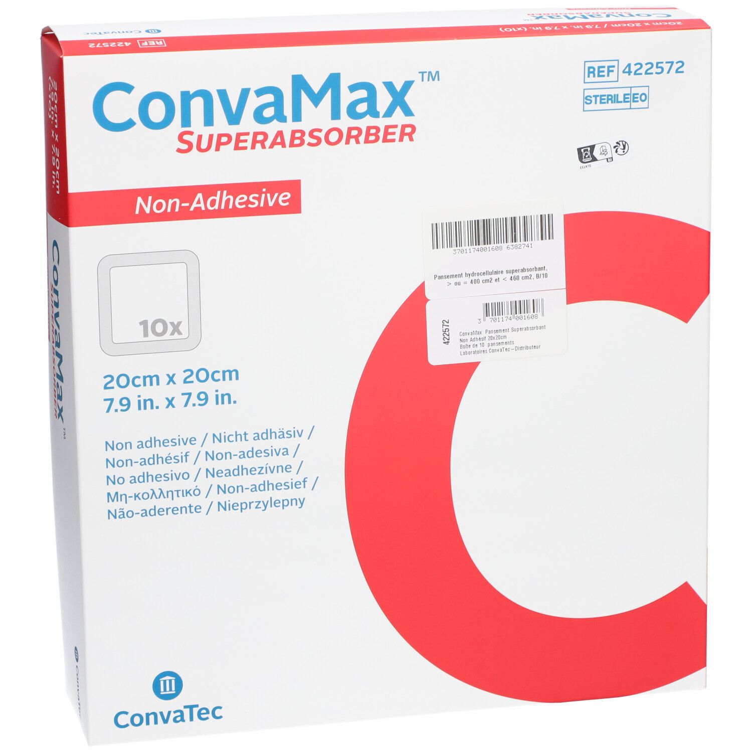Boîte CONVAMAX Superabsorber non-adhésif. 20x20cm, 10 pièces. Blanc, rouge, bleu. Nom et logo du produit visibles.