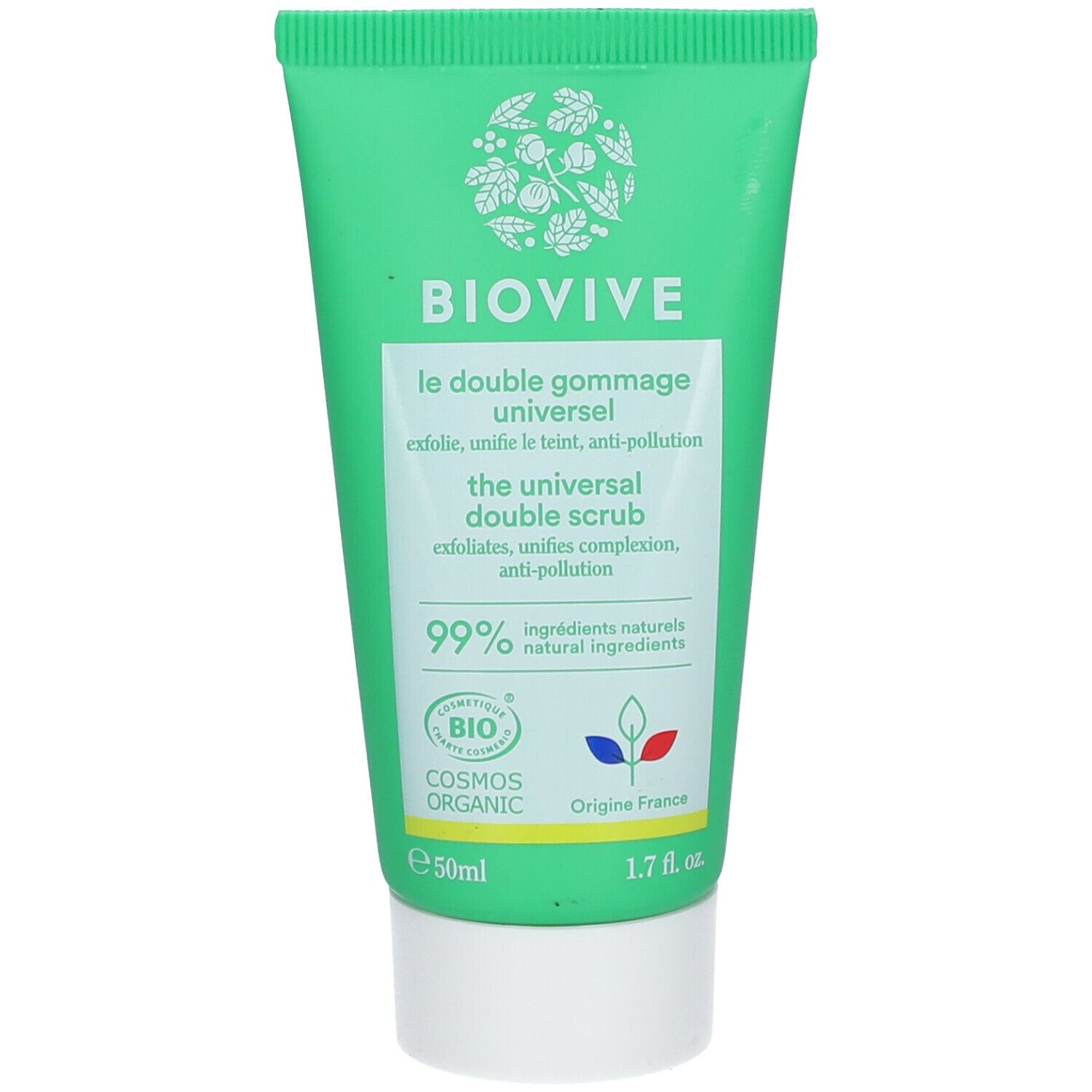 Tube vert BIOVIVE, texte "le double gommage universel". Certification COSMOS ORGANIC. 1.7 fl. oz.