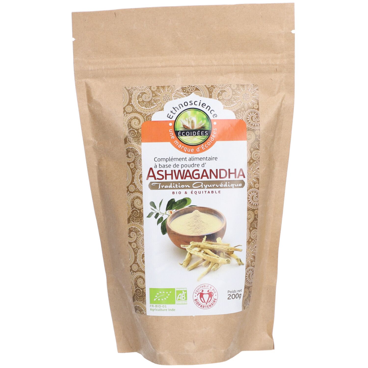 Sachet de poudre d'Ashwagandha. Inscription du nom du produit, logo et label bio. Emballage brun.