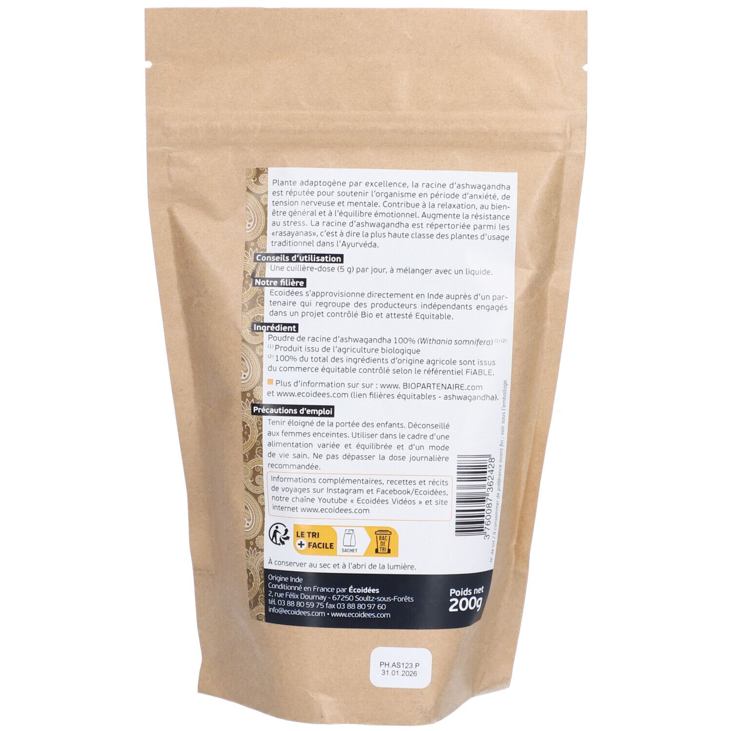 Dos du sachet d'Ashwagandha. Informations textuelles, liste des ingrédients, label bio et poids.