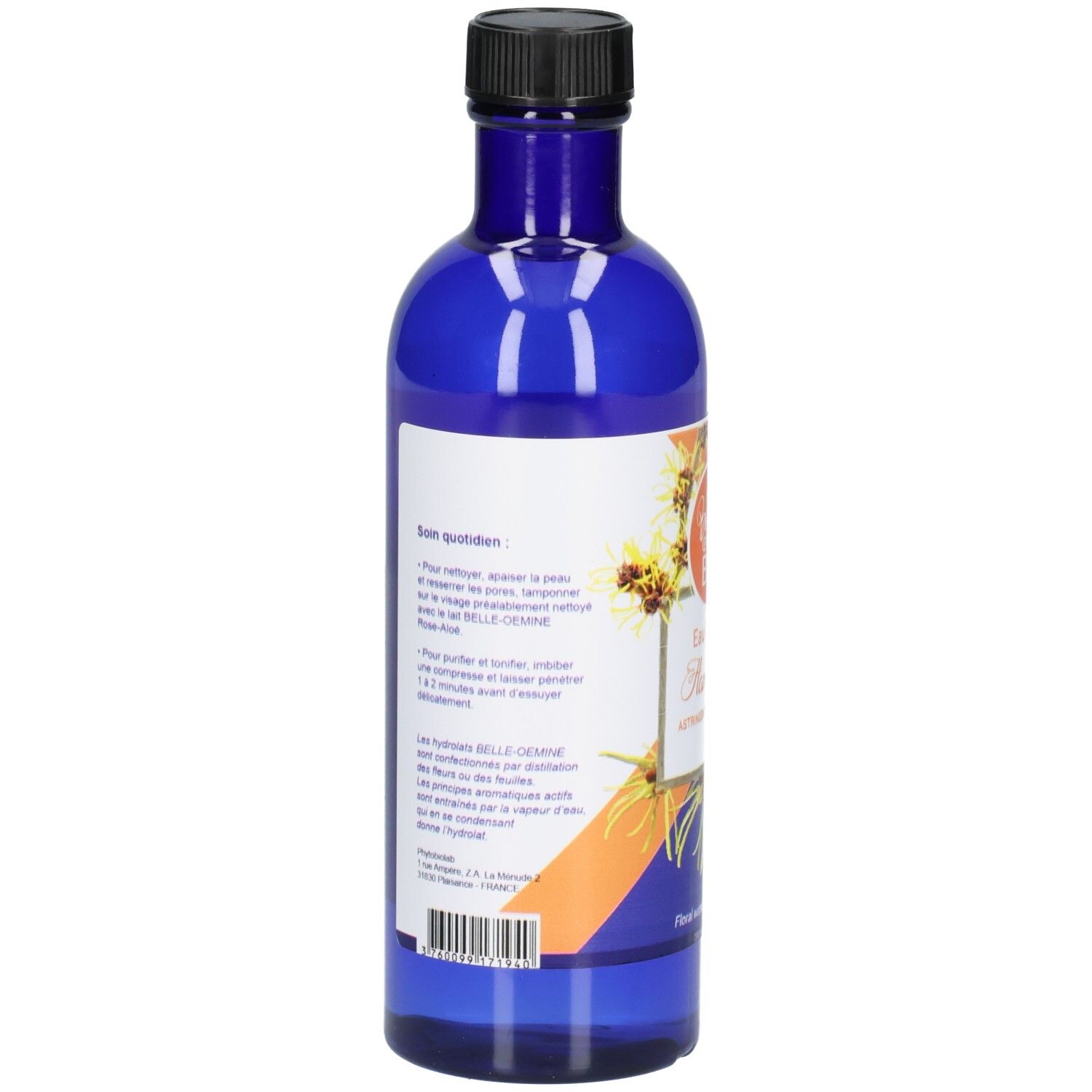 Arrière d'une bouteille en verre bleue avec étiquette pour Belle 'Oemine Bio Eau Florale Hamamélis.
