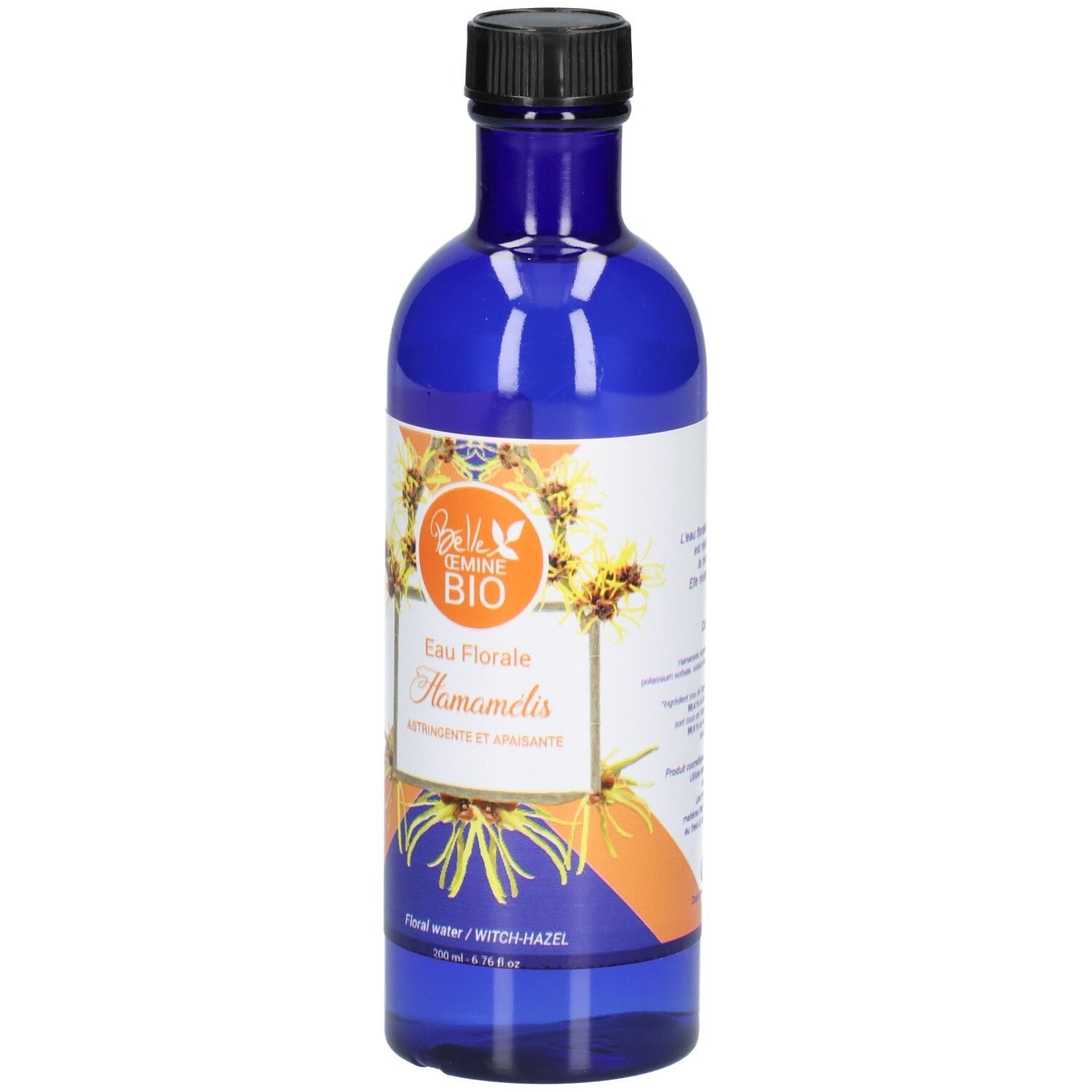 Bouteille en verre bleue avec bouchon noir, contenant Belle 'Oemine Bio Eau Florale Hamamélis.