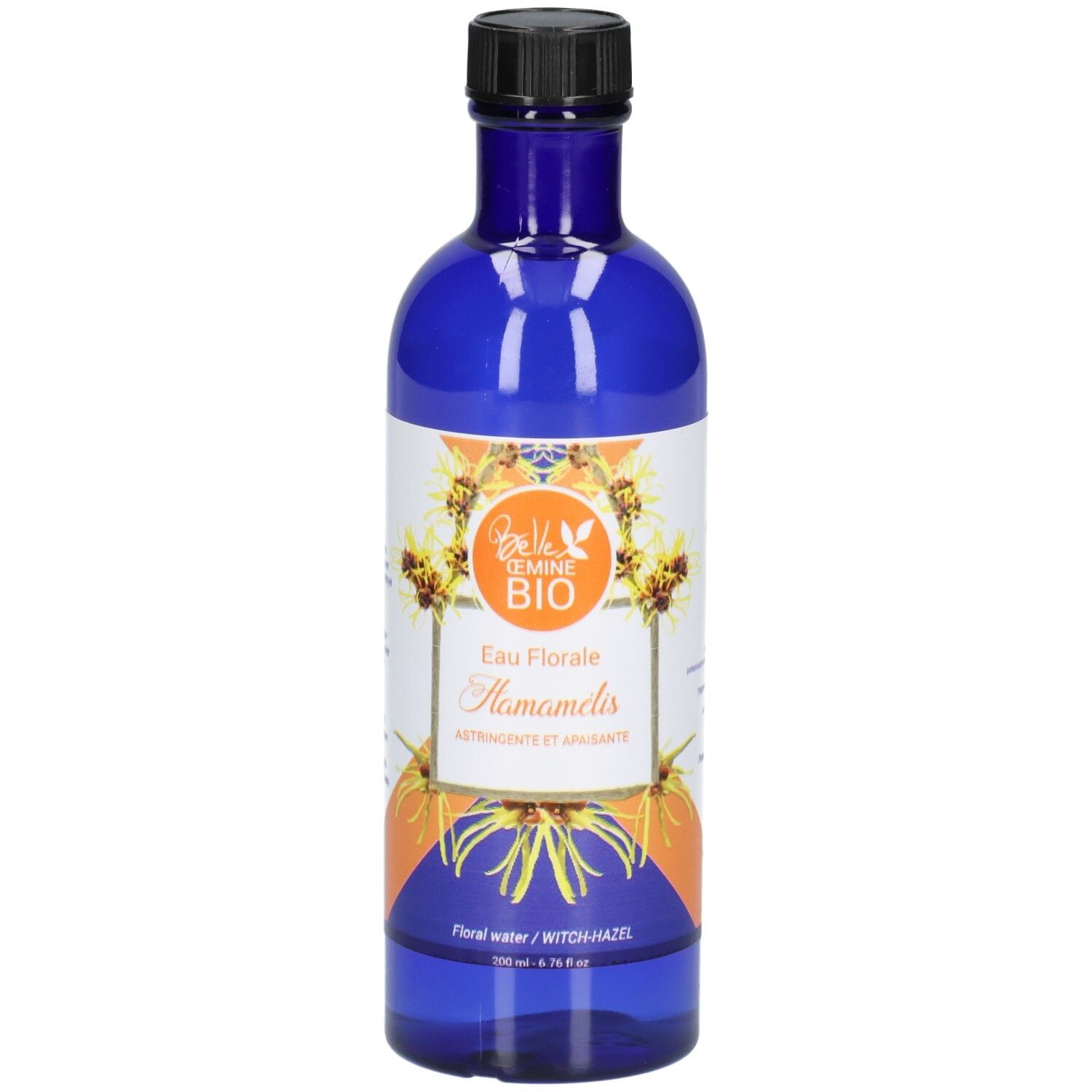 Bouteille en verre bleue avec bouchon noir, contenant Belle 'Oemine Bio Eau Florale Hamamélis.