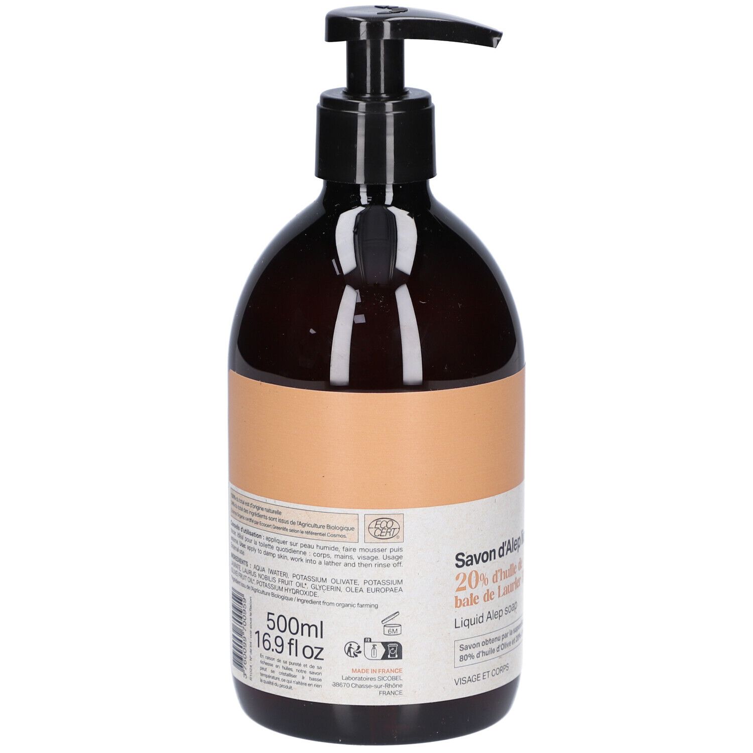 Dos du flacon brun avec pompe noire. Étiquette avec texte et ingrédients. Volume: 500ml/16.9 fl oz. Certification bio.