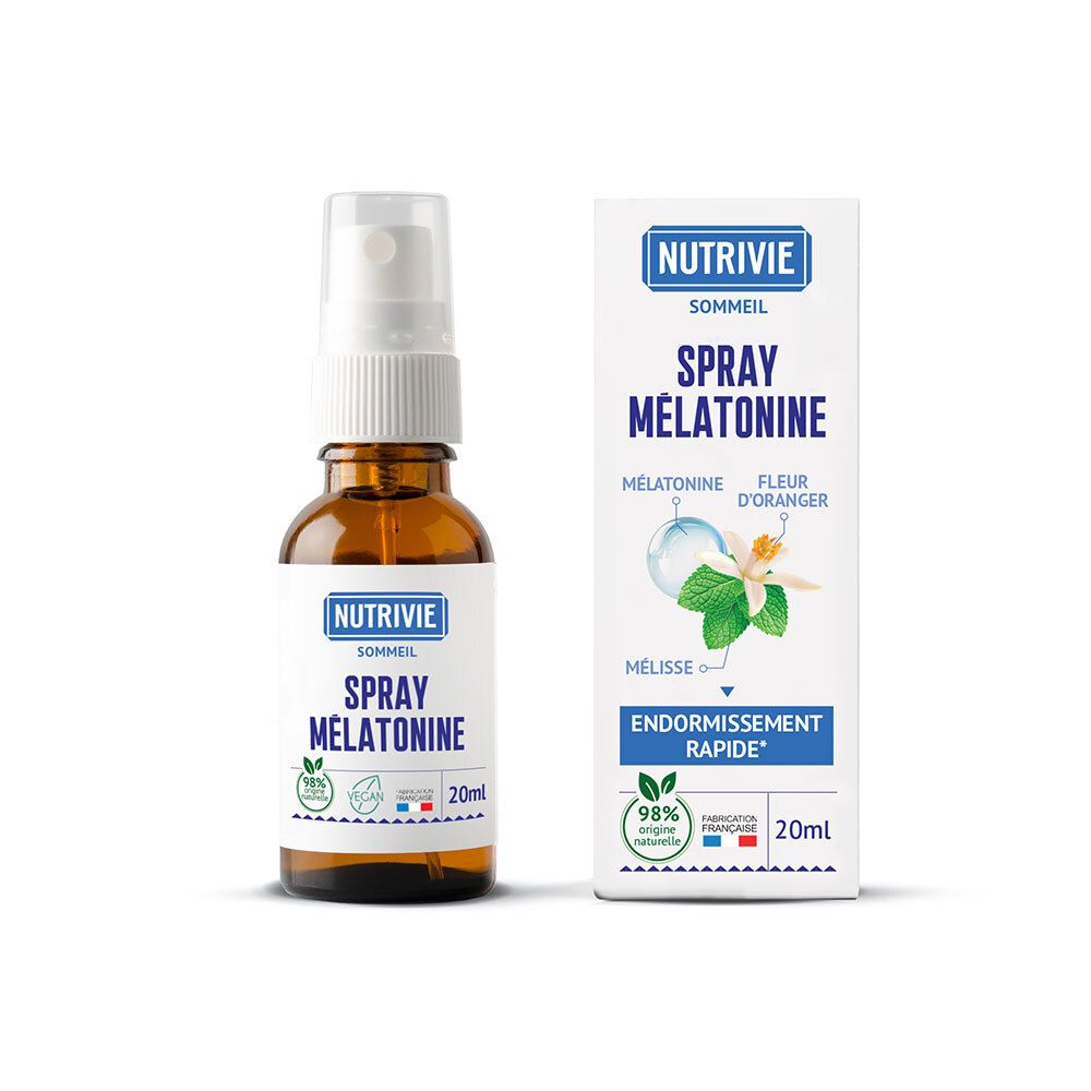 Nutrivie Spray Mélatonine 20ml avec boîte. Flacon en verre brun avec vaporisateur blanc.