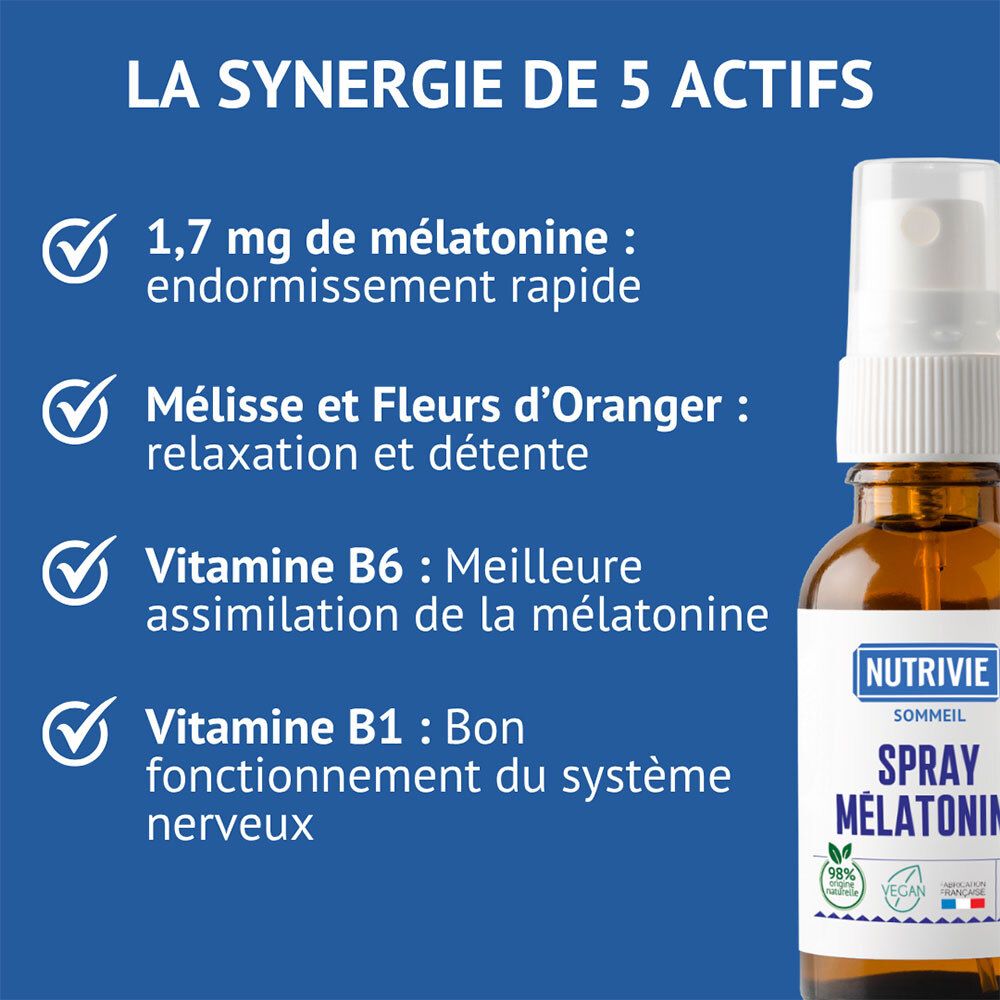 Nutrivie Spray Mélatonine 20ml. Flacon avec vaporisateur. Liste des 5 actifs, dont mélatonine et vitamine B6.