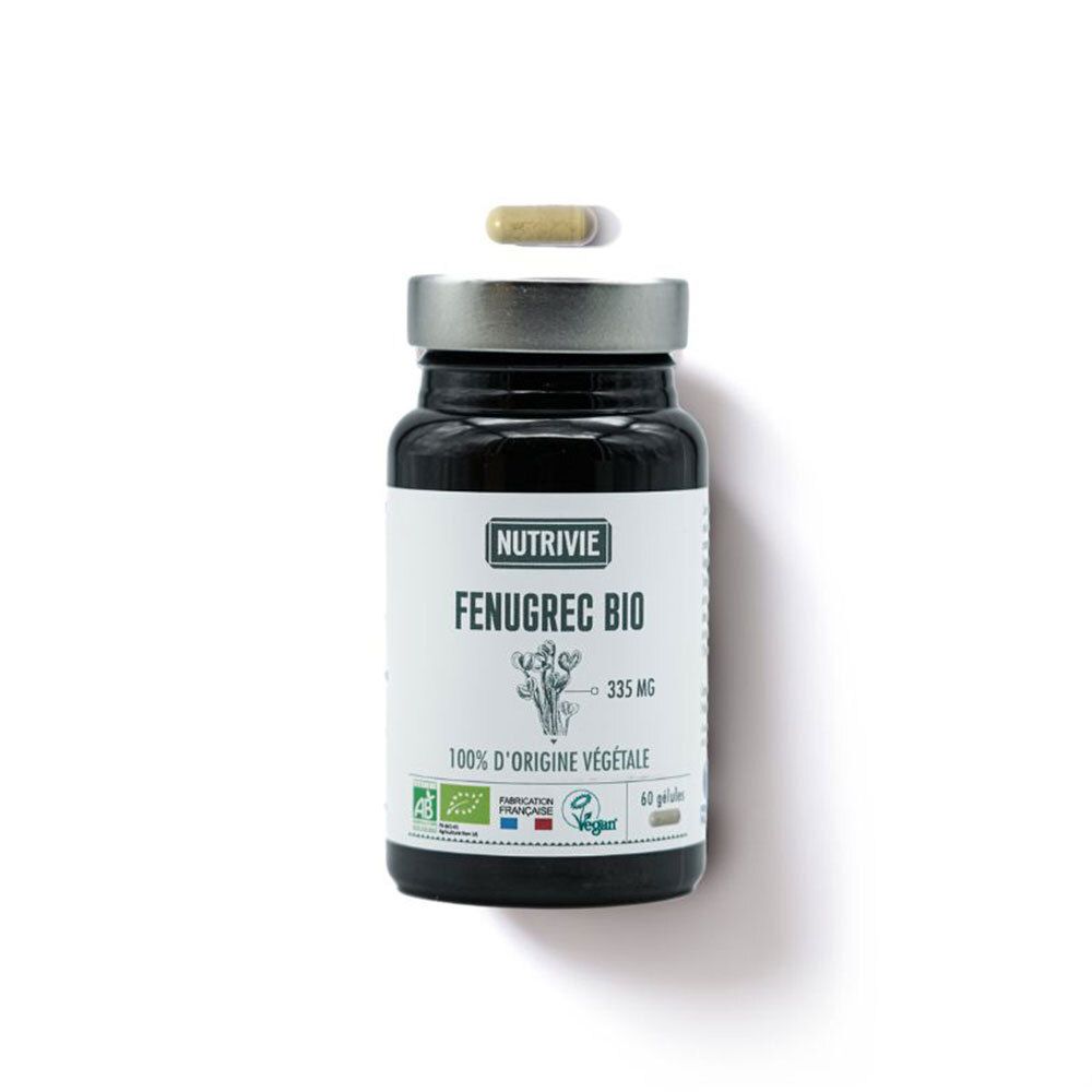 Flacon de gélules avec un couvercle argenté, une gélule au-dessus. Étiquette 'NUTRIVIE FENUGREC BIO'.