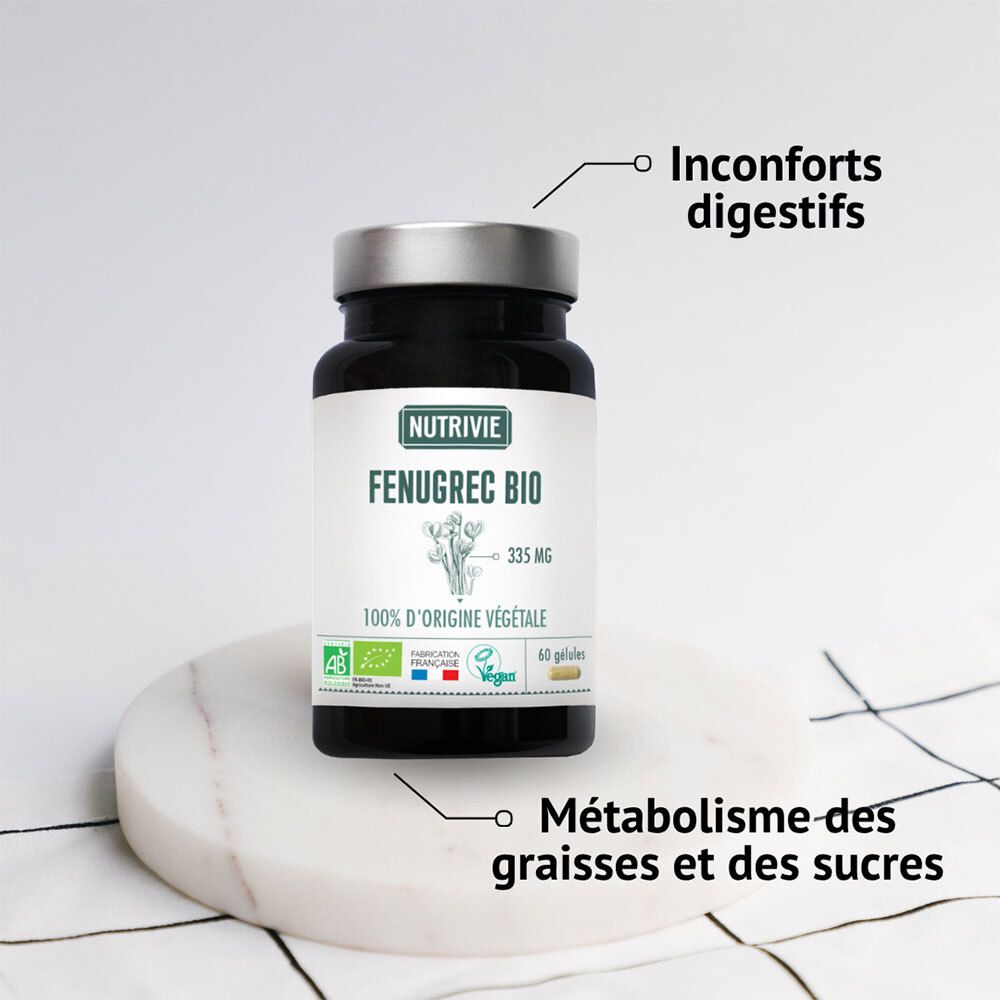 Flacon de gélules sur socle en marbre. Étiquette 'NUTRIVIE FENUGREC BIO'. Flèches vers 'Inconforts digestifs' et 'Métabolisme des graisses et des sucres'.