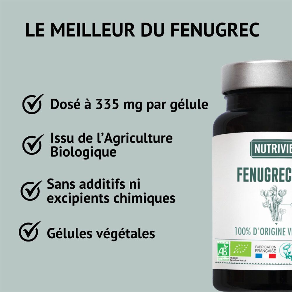 Flacon de gélules. Texte à gauche: 'Dosé à 335 mg par gélule', 'Issu de l'Agriculture Biologique', 'Sans additifs ni excipients chimiques', 'Gélules végétales'.