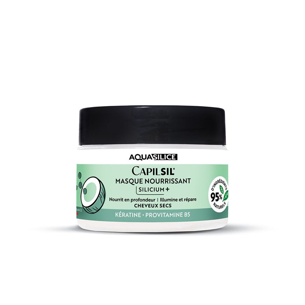 Masque capillaire AQUASILICE CapilSil avec symbole noix de coco et 95% d'ingrédients naturels.