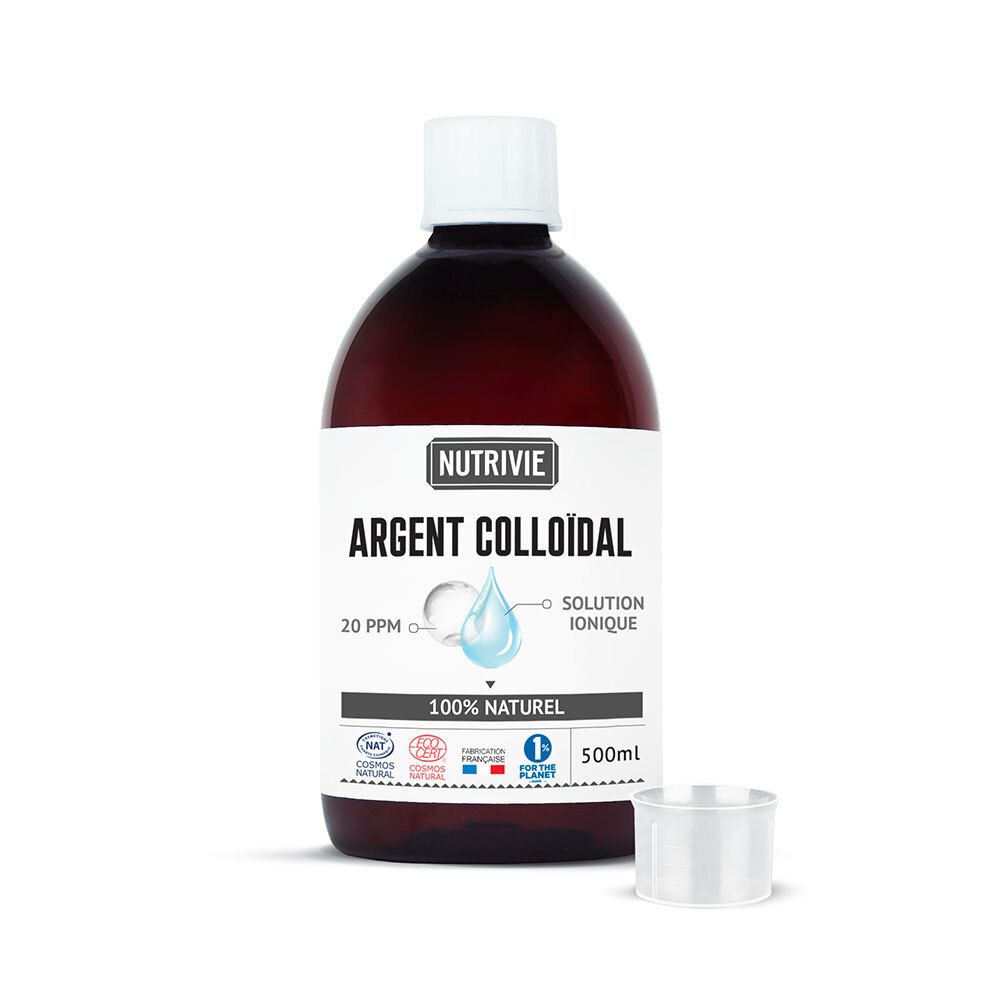 Bouteille en verre brun avec étiquette blanche, NUTRIVIE ARGENT COLLOIDAL, 20 PPM, 500ML.