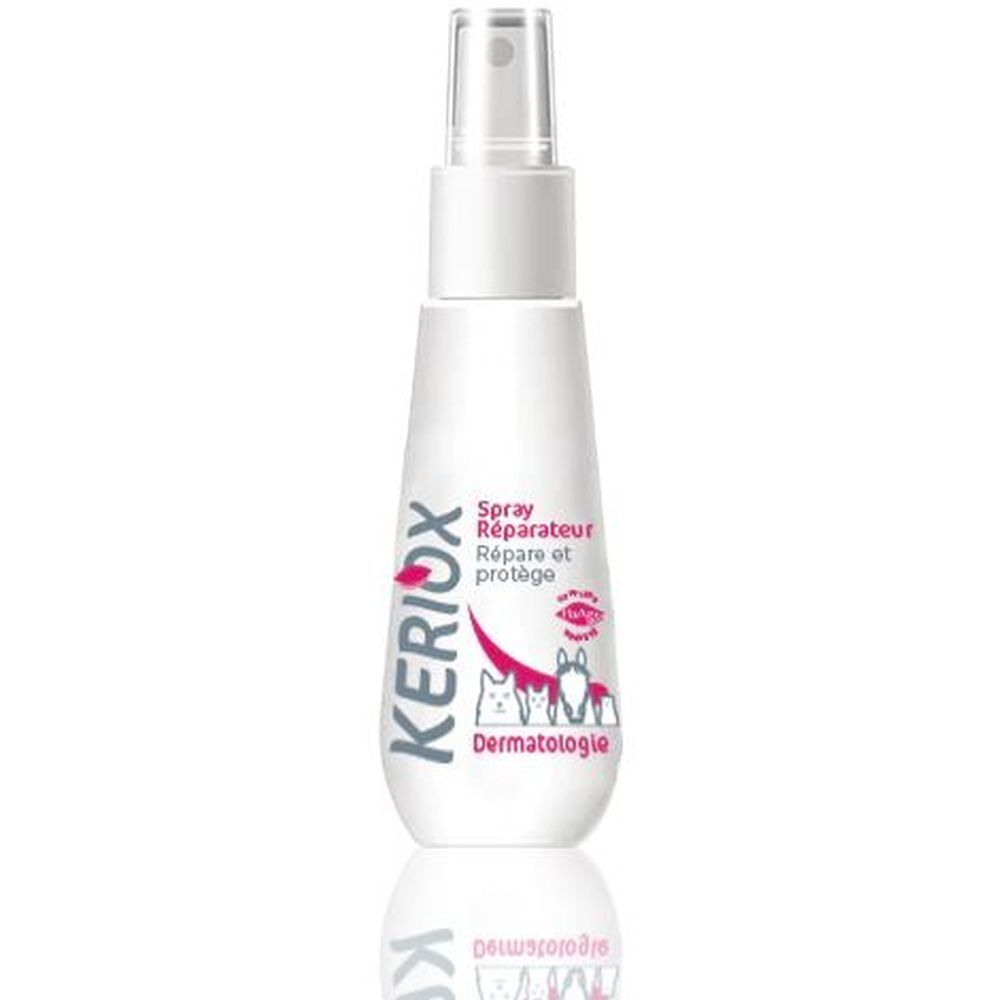Flacon spray blanc KERIOX. Inscription: Spray Réparateur, Dermatologie. Illustration d'animaux. Bouchon et pompe blancs.