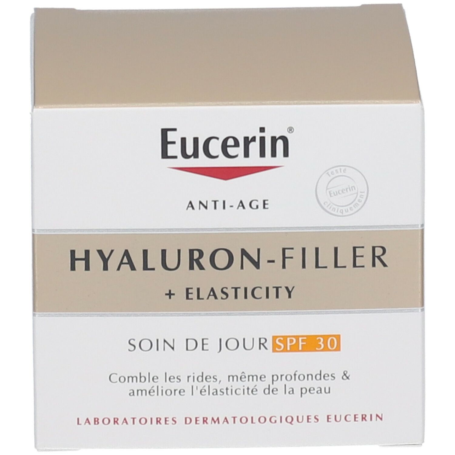 Emballage avec inscription : Eucerin, HYALURON-FILLER + ELASTICITY, SPF 30.
