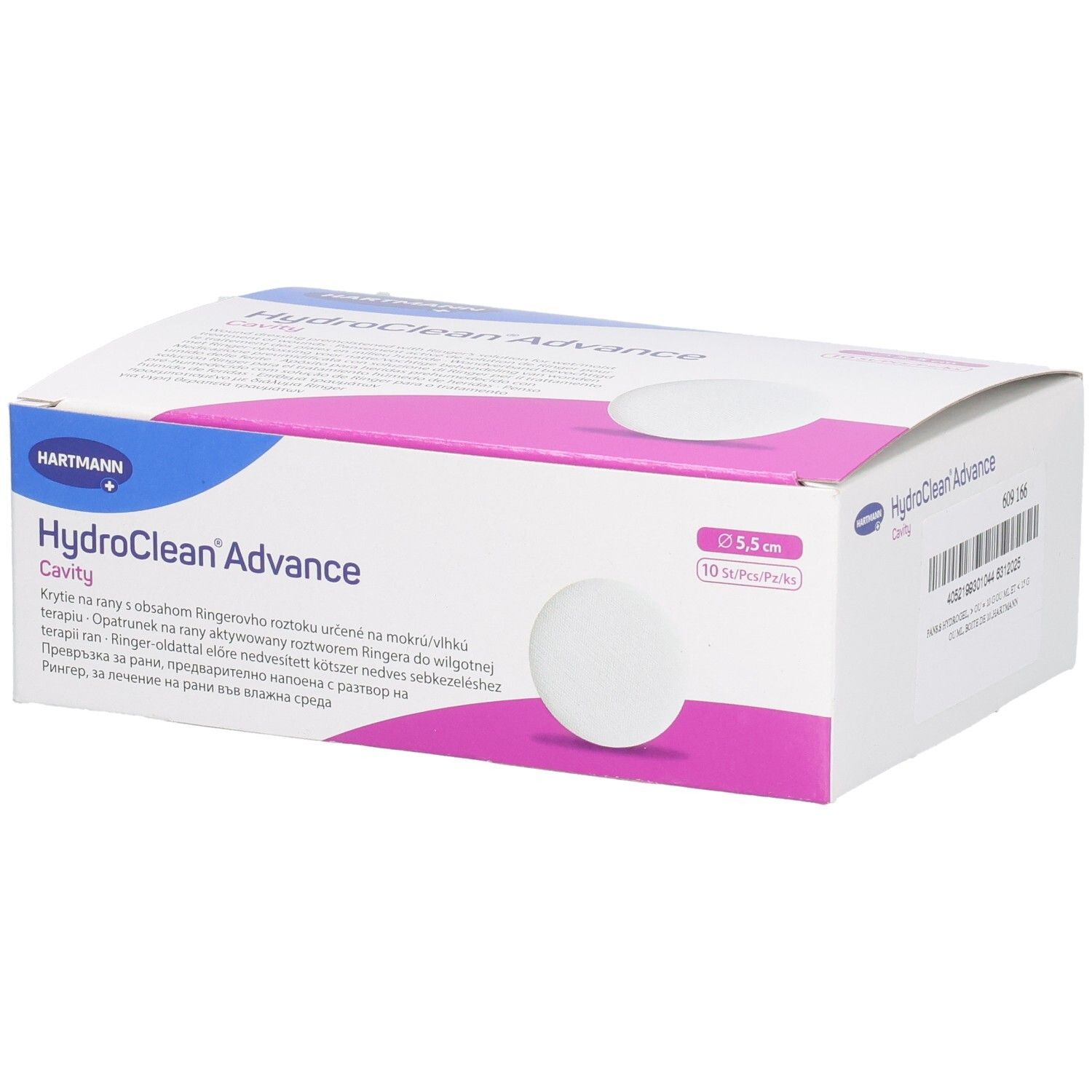Boîte de HydroClean Advance Cavity. Boîte blanche avec accents roses et informations produit. Tampons ronds visibles.